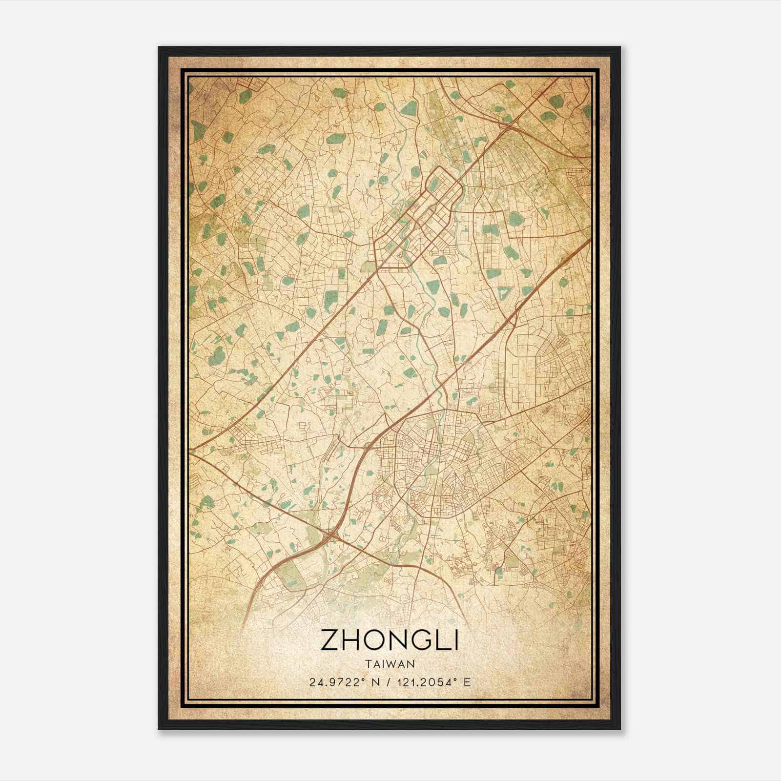 Vintage Zhongli Taiwan Map Poster, Zhongli City Road Wall Art Print