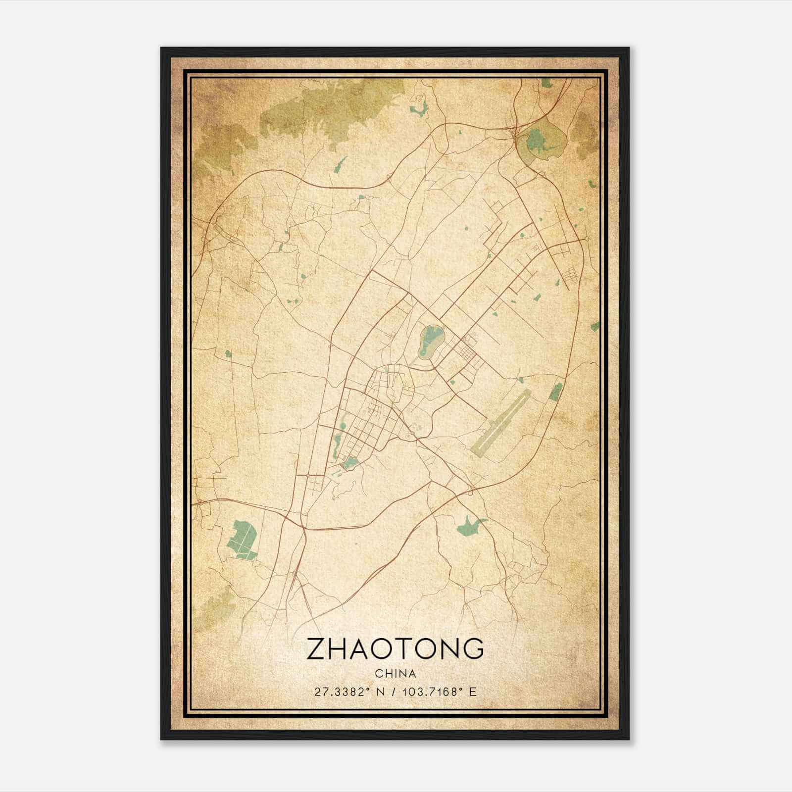Vintage Zhaotong China Map Poster, Zhaotong City Road Wall Art Print