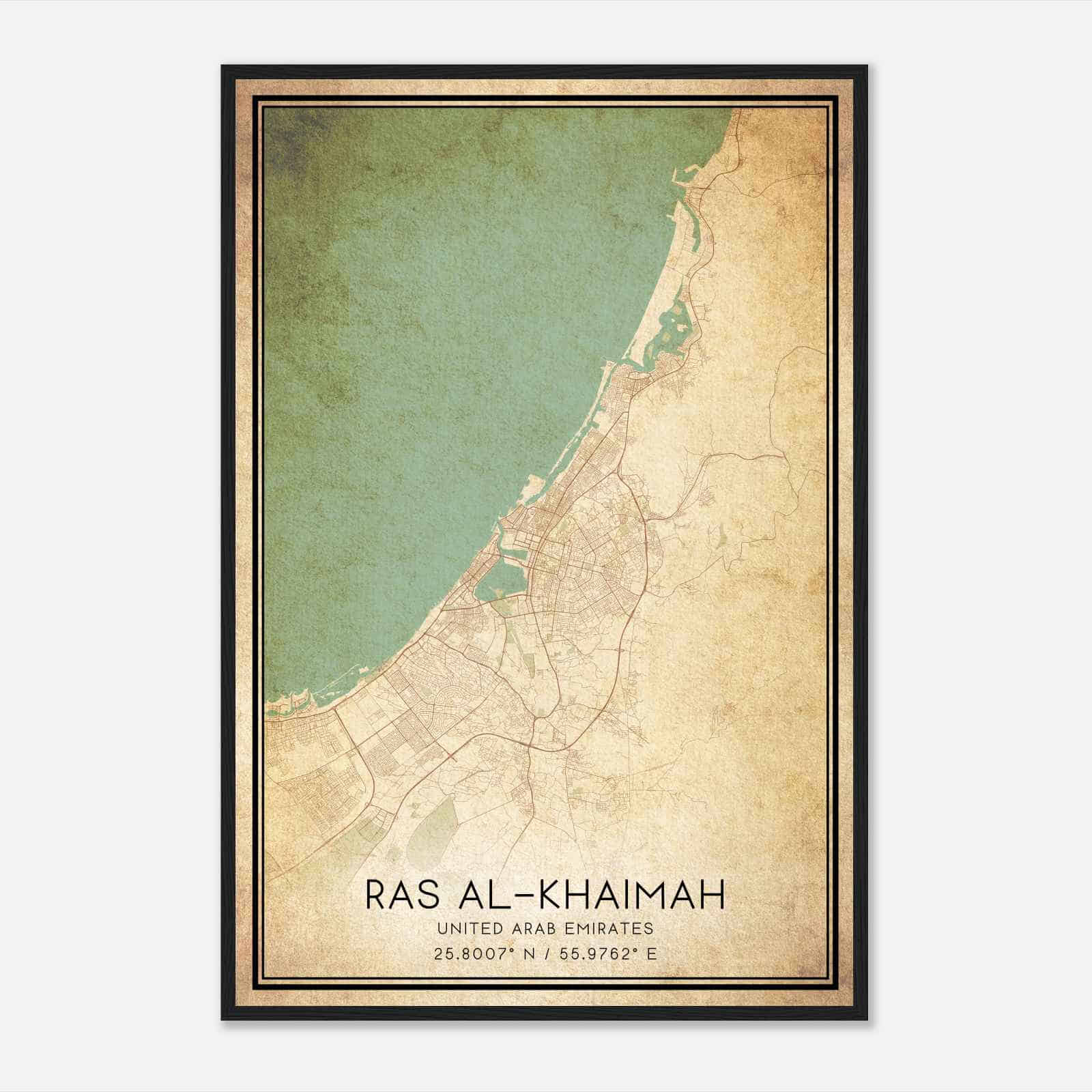 Vintage Ras AlKhaimah United Arab Emirates Map Poster, Ras AlKhaimah City Road Wall Art Print