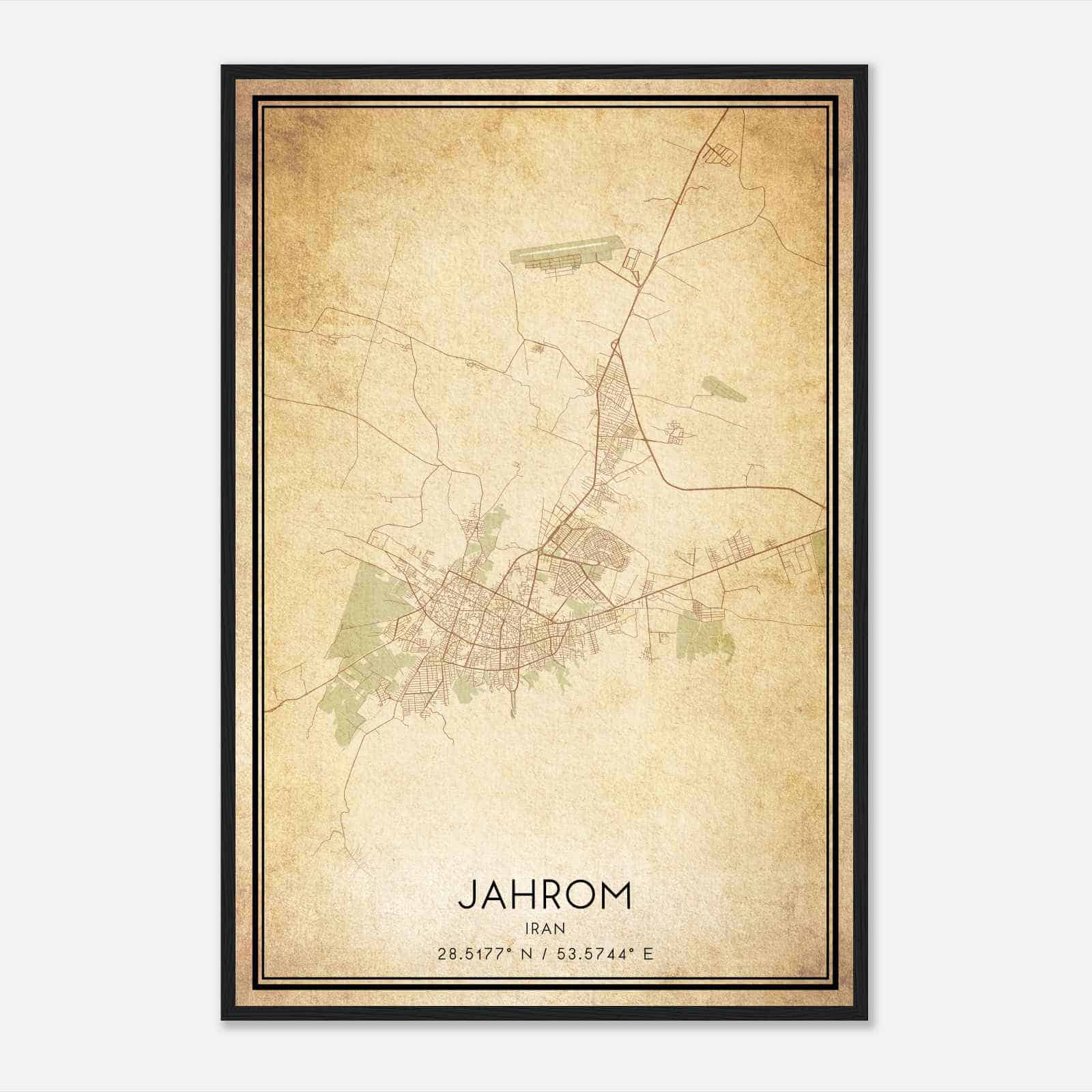 Vintage Jahrom Iran Map Poster, Jahrom City Road Wall Art Print