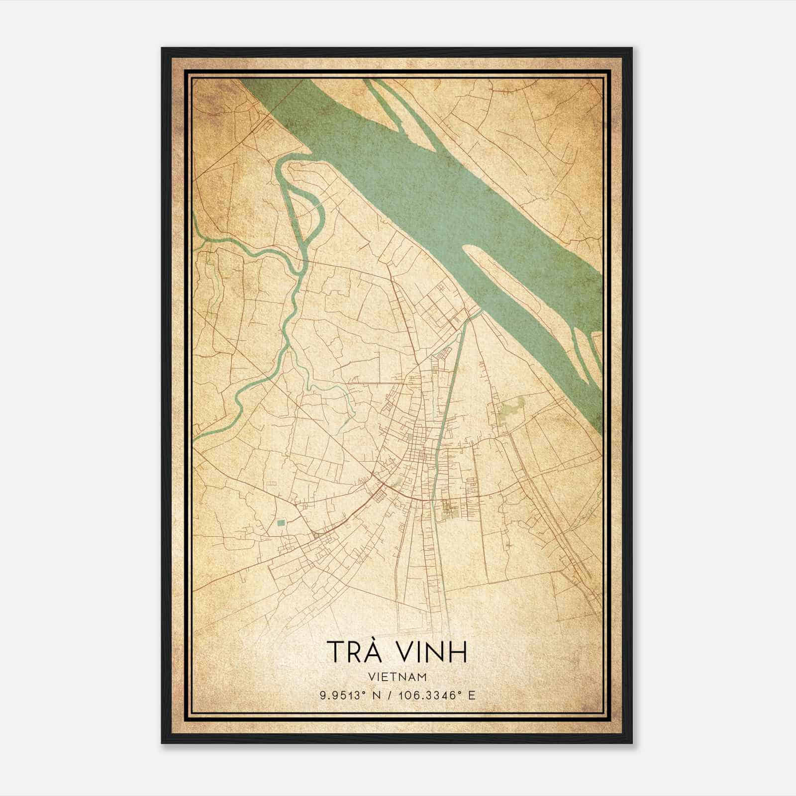 Vintage Tra Vinh Vietnam Map Poster, Tra Vinh City Road Wall Art Print