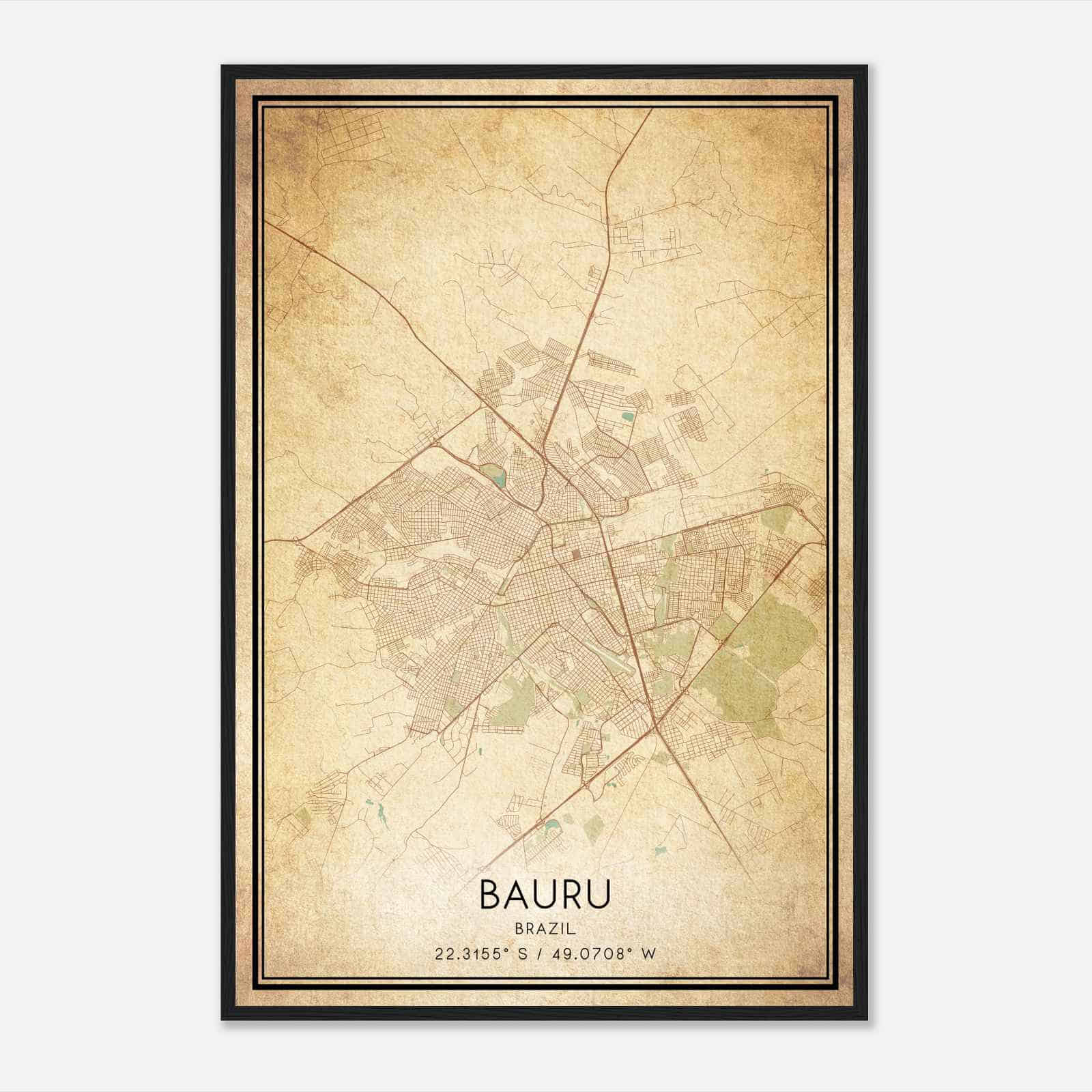 Vintage Bauru Brazil Map Poster, Bauru City Road Wall Art Print
