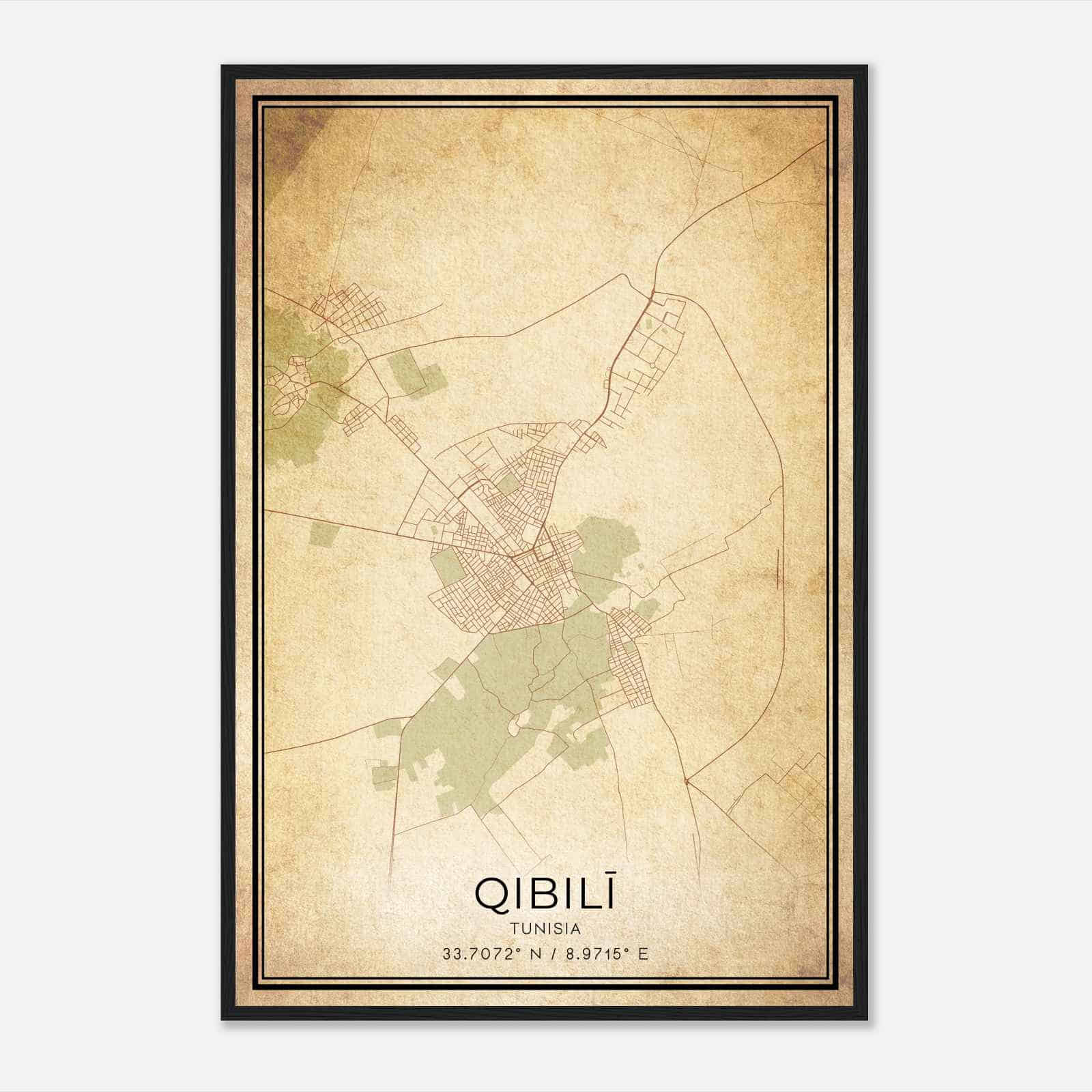 Vintage Qibili Tunisia Map Poster, Qibili City Road Wall Art Print