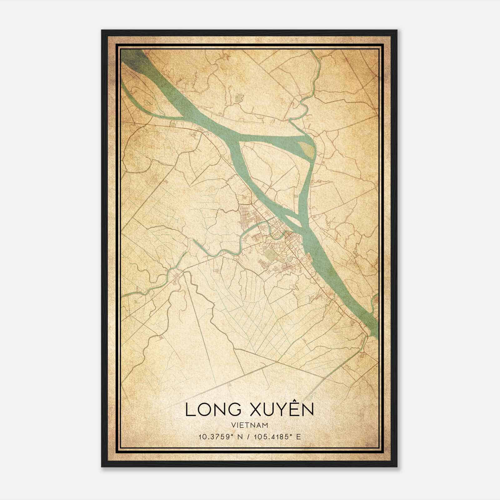 Vintage Long Xuyen Vietnam Map Poster, Long Xuyen City Road Wall Art Print