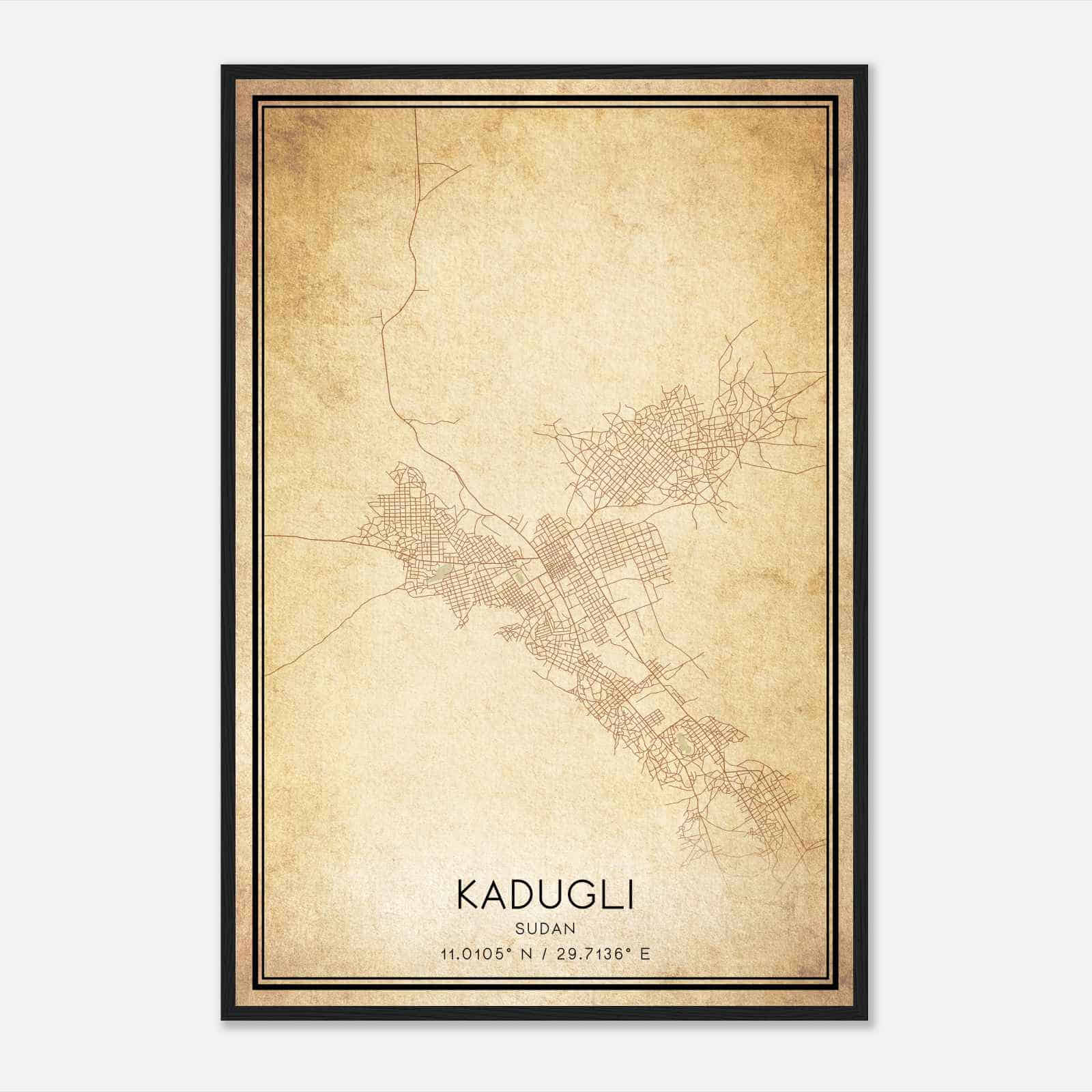 Vintage Kadugli Sudan Map Poster, Kadugli City Road Wall Art Print