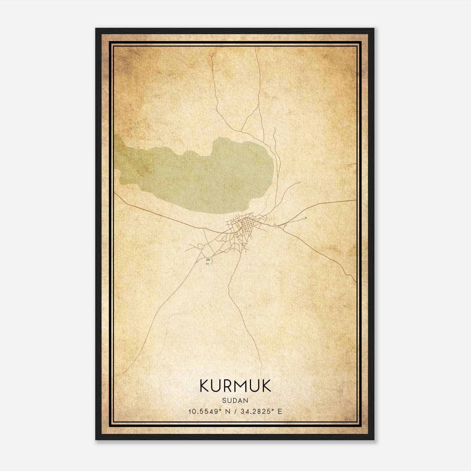 Vintage Kurmuk Sudan Map Poster, Kurmuk City Road Wall Art Print