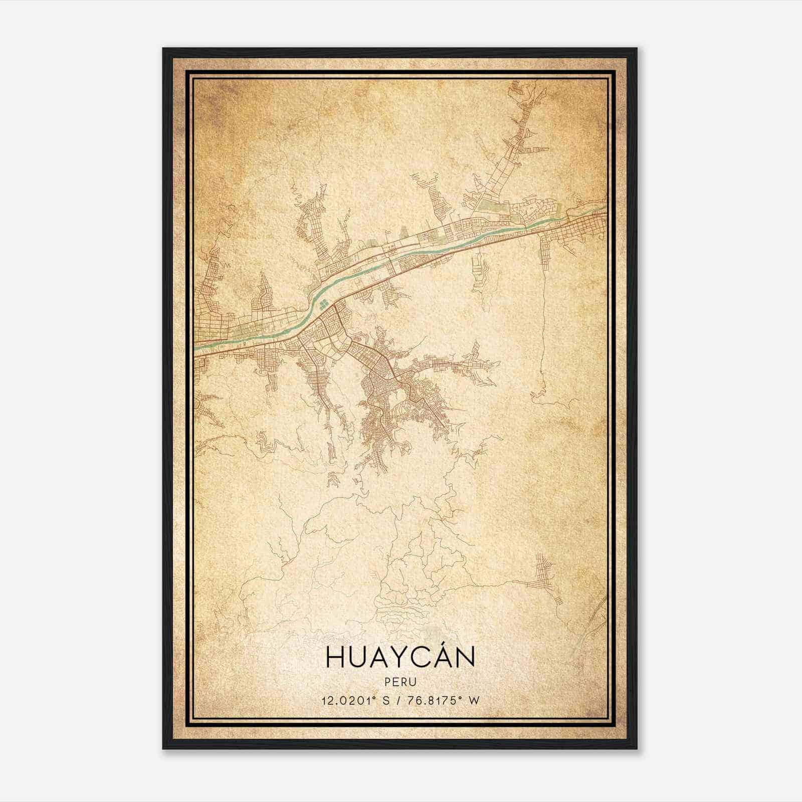 Vintage Huaycan Peru Map Poster, Huaycan City Road Wall Art Print