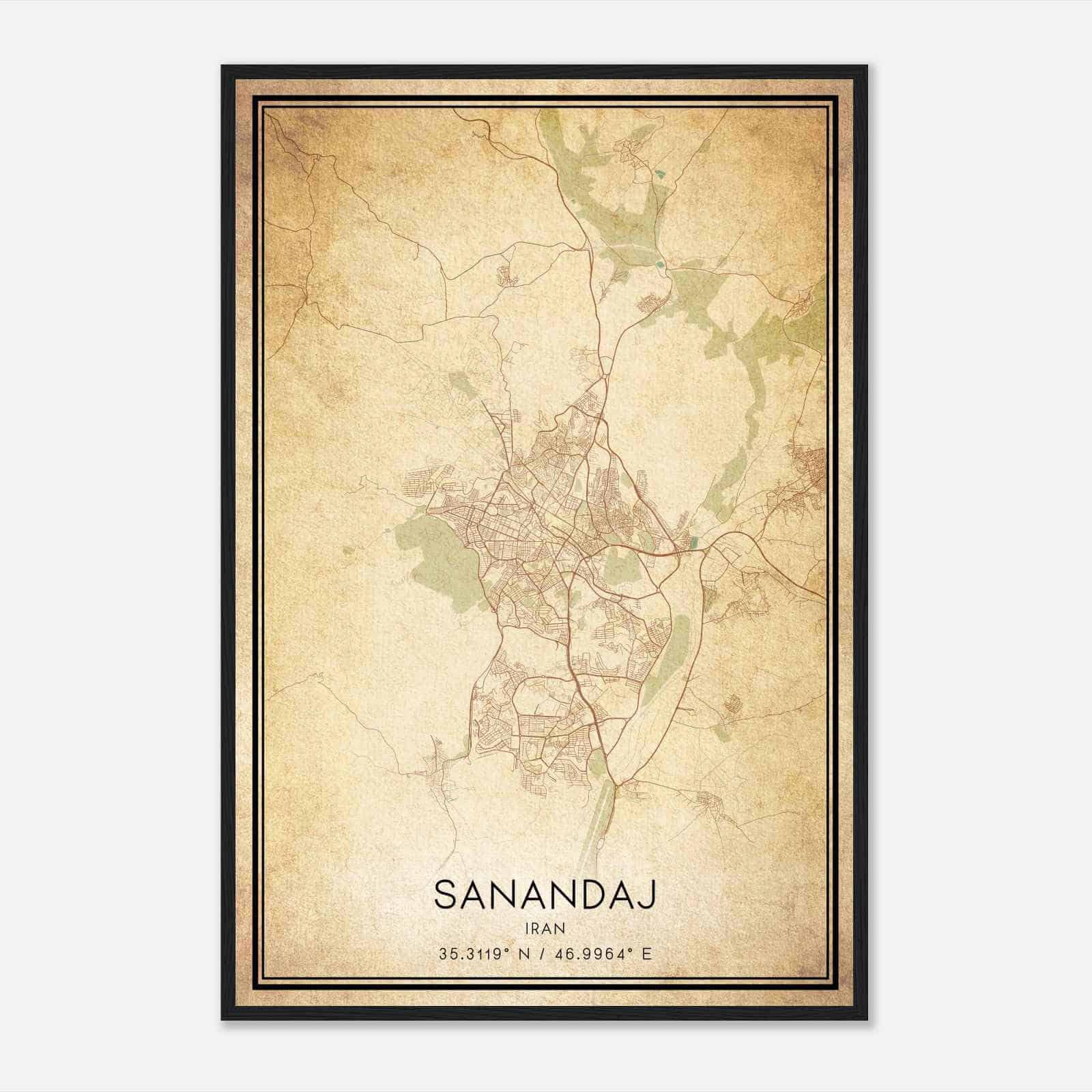 Vintage Sanandaj Iran Map Poster, Sanandaj City Road Wall Art Print