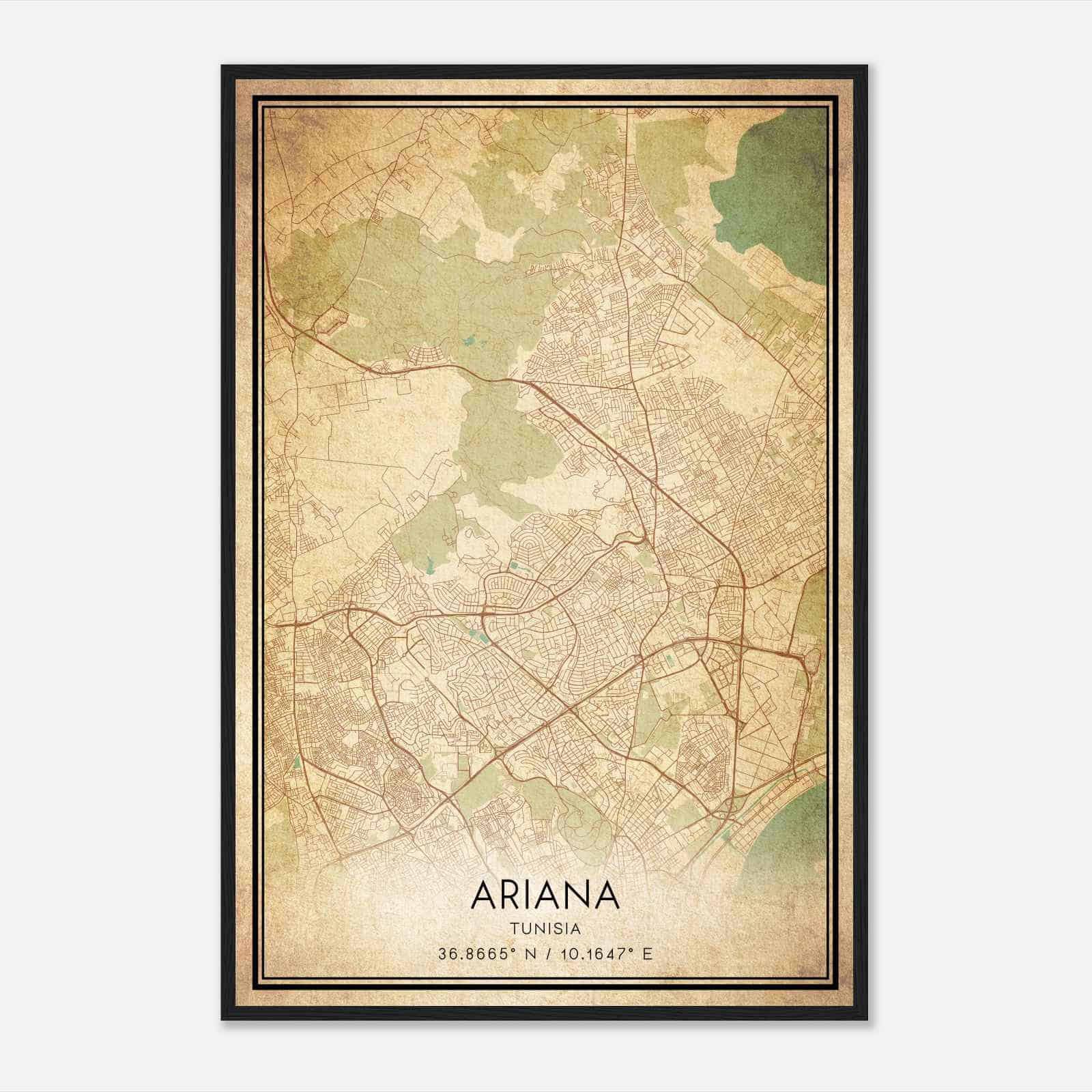 Vintage Ariana Tunisia Map Poster, Ariana City Road Wall Art Print