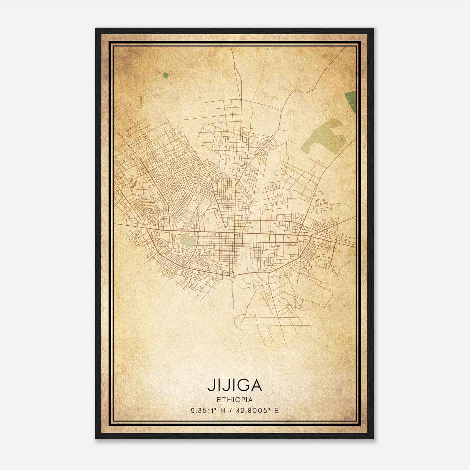 Vintage Jijiga Ethiopia Map Poster, Jijiga City Road Wall Art Print