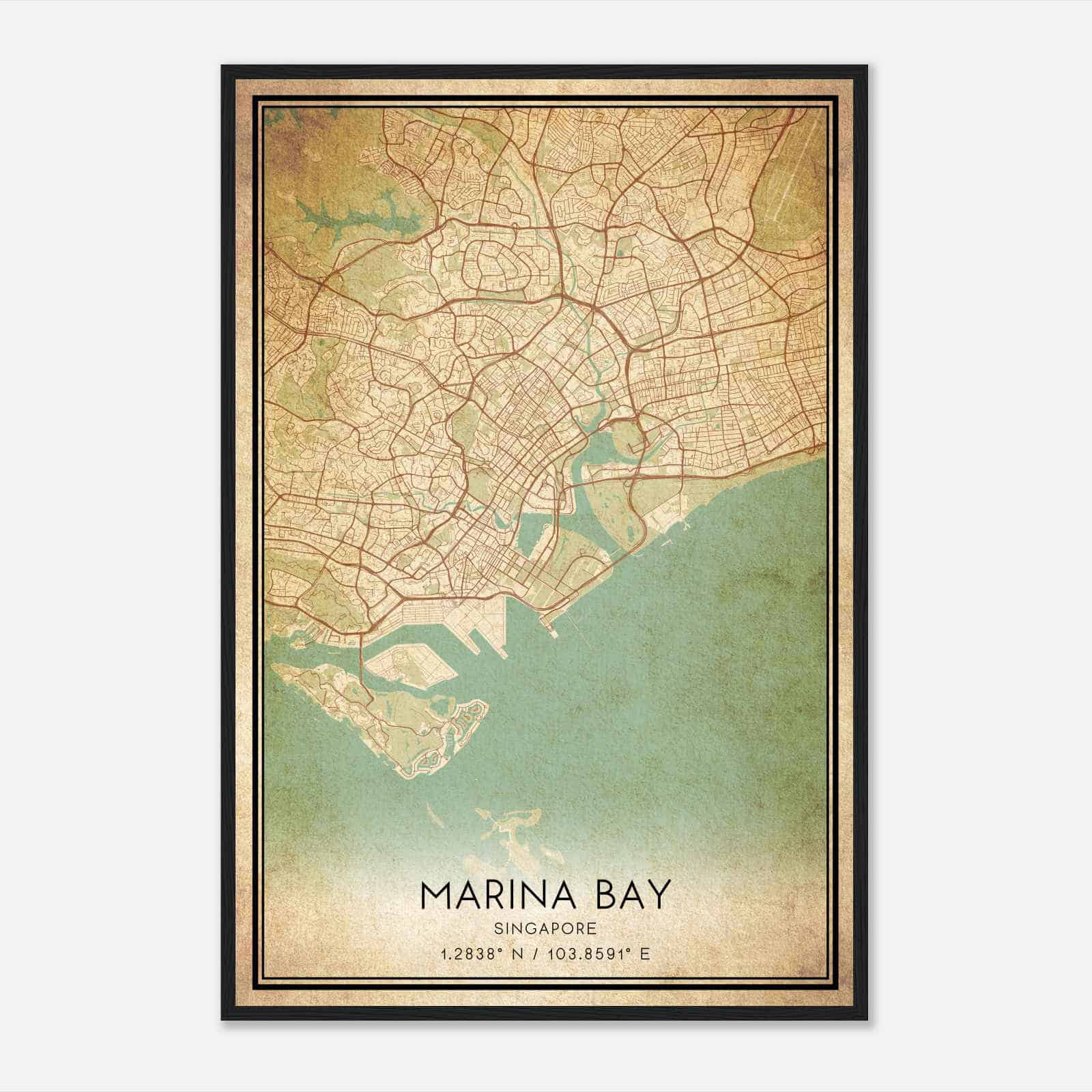 Vintage Marina Bay Singapore Map Poster, Marina Bay City Road Wall Art Print