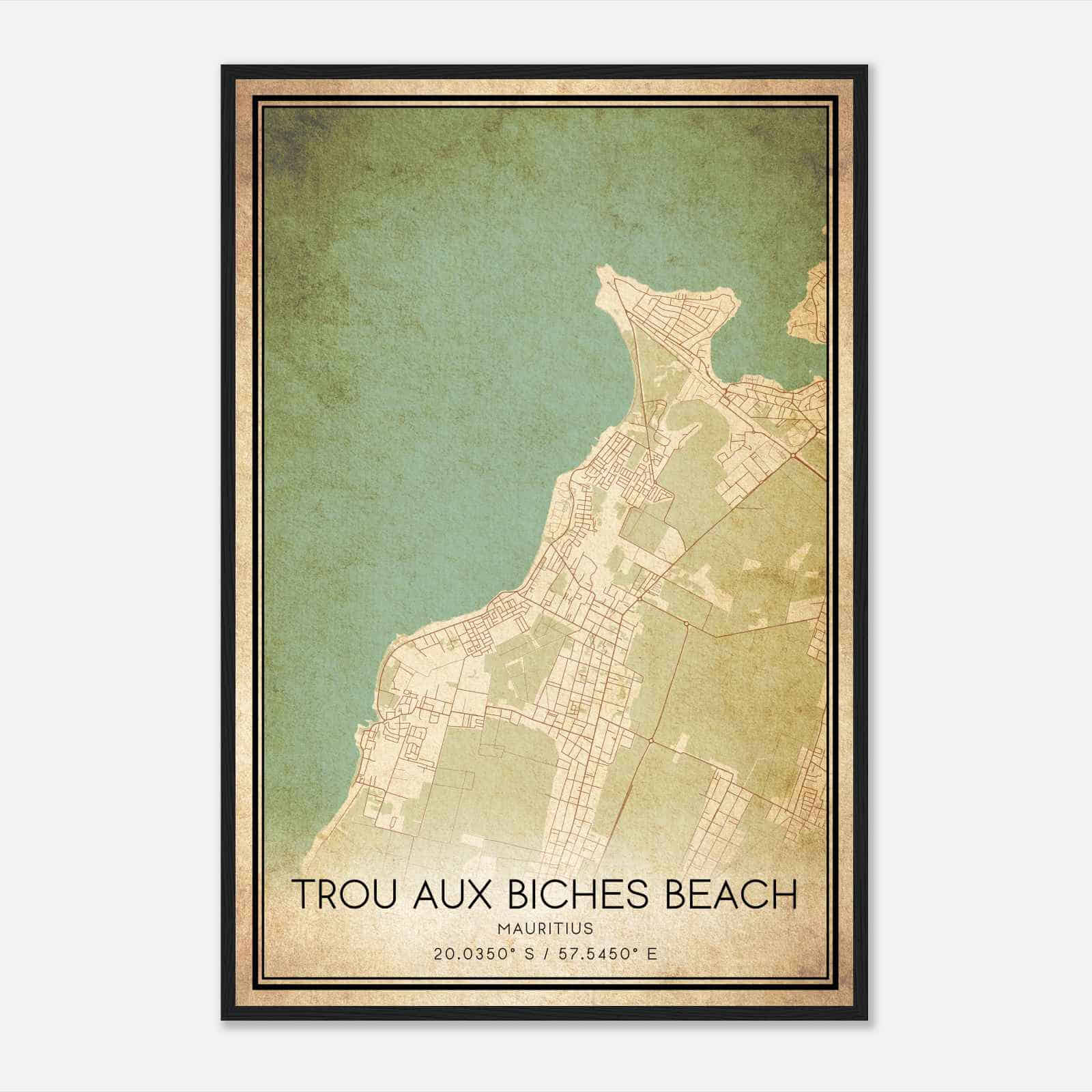 Vintage Trou aux Biches Beach Mauritius Map Poster, Trou aux Biches Beach City Road Wall Art Print