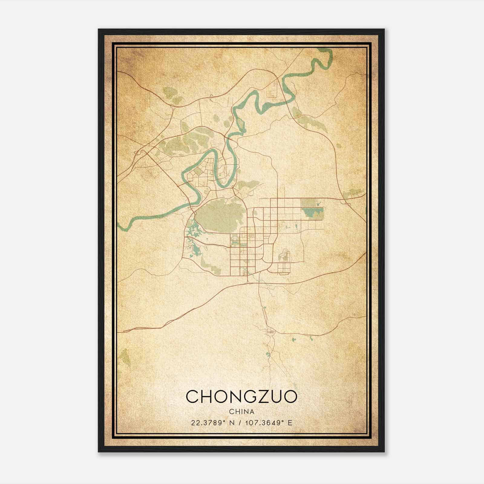 Vintage Chongzuo China Map Poster, Chongzuo City Road Wall Art Print