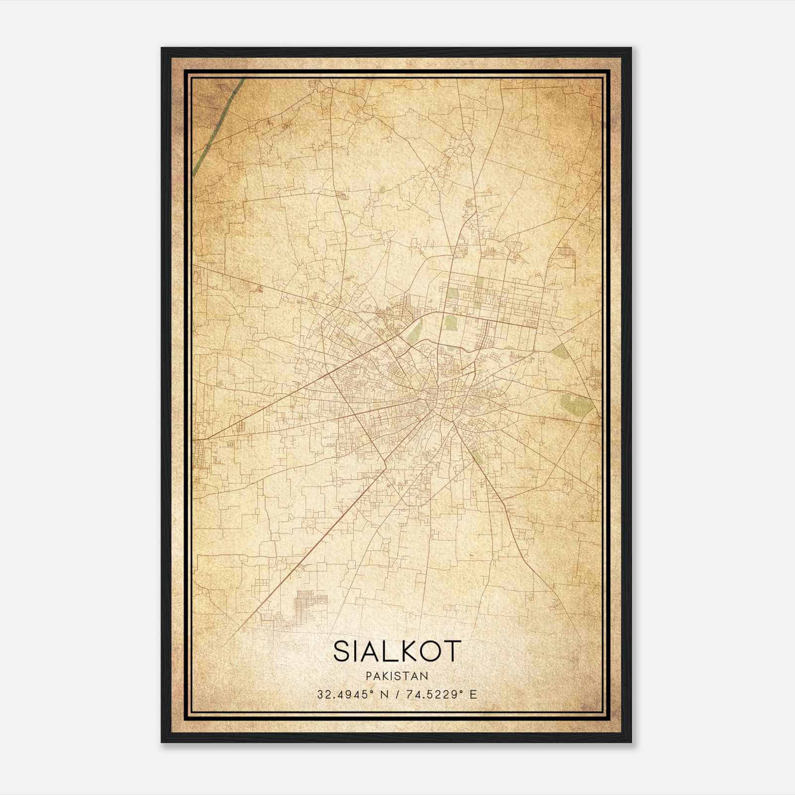 Vintage Sialkot Pakistan Map Poster, Sialkot City Road Wall Art Print