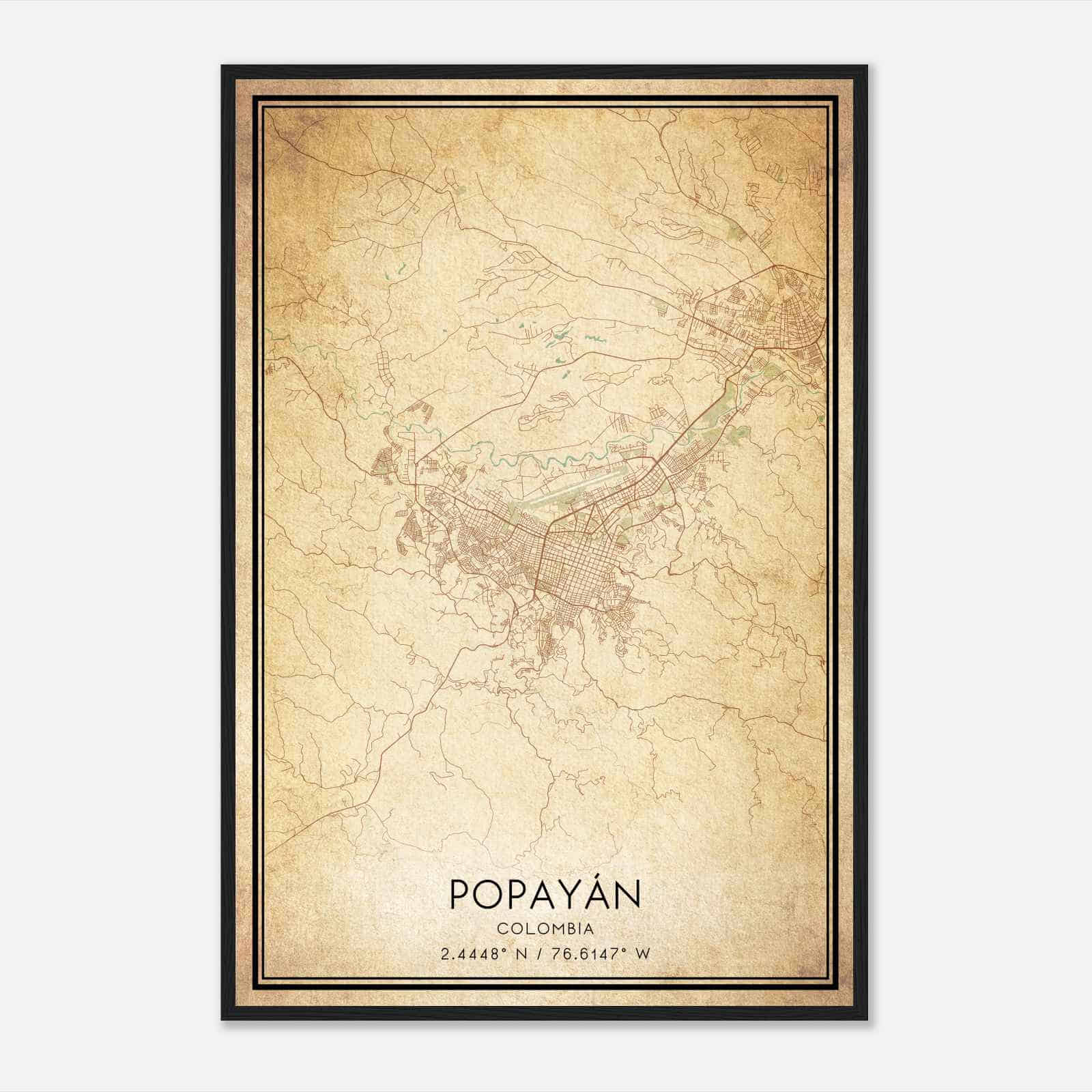 Vintage Popayan Colombia Map Poster, Popayan City Road Wall Art Print