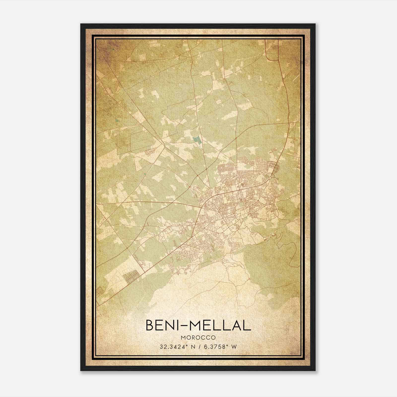 Vintage BeniMellal Morocco Map Poster, BeniMellal City Road Wall Art Print