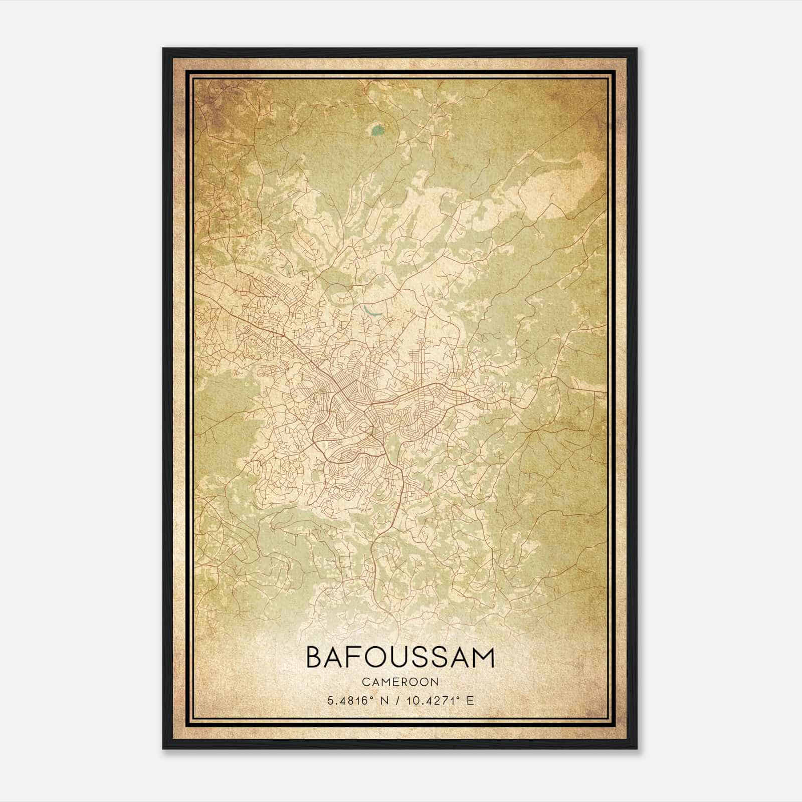 Vintage Bafoussam Cameroon Map Poster, Bafoussam City Road Wall Art Print