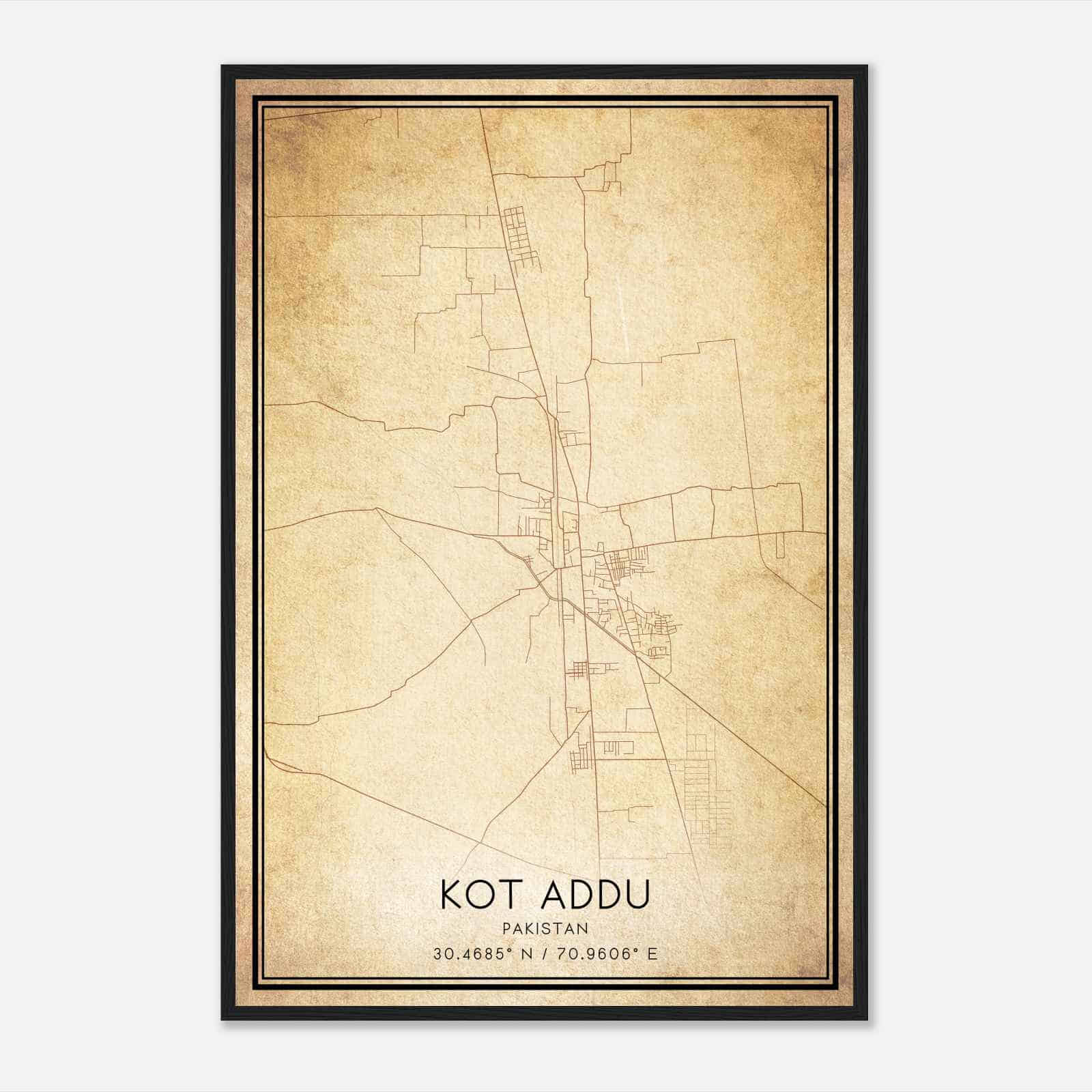 Vintage Kot Addu Pakistan Map Poster, Kot Addu City Road Wall Art Print