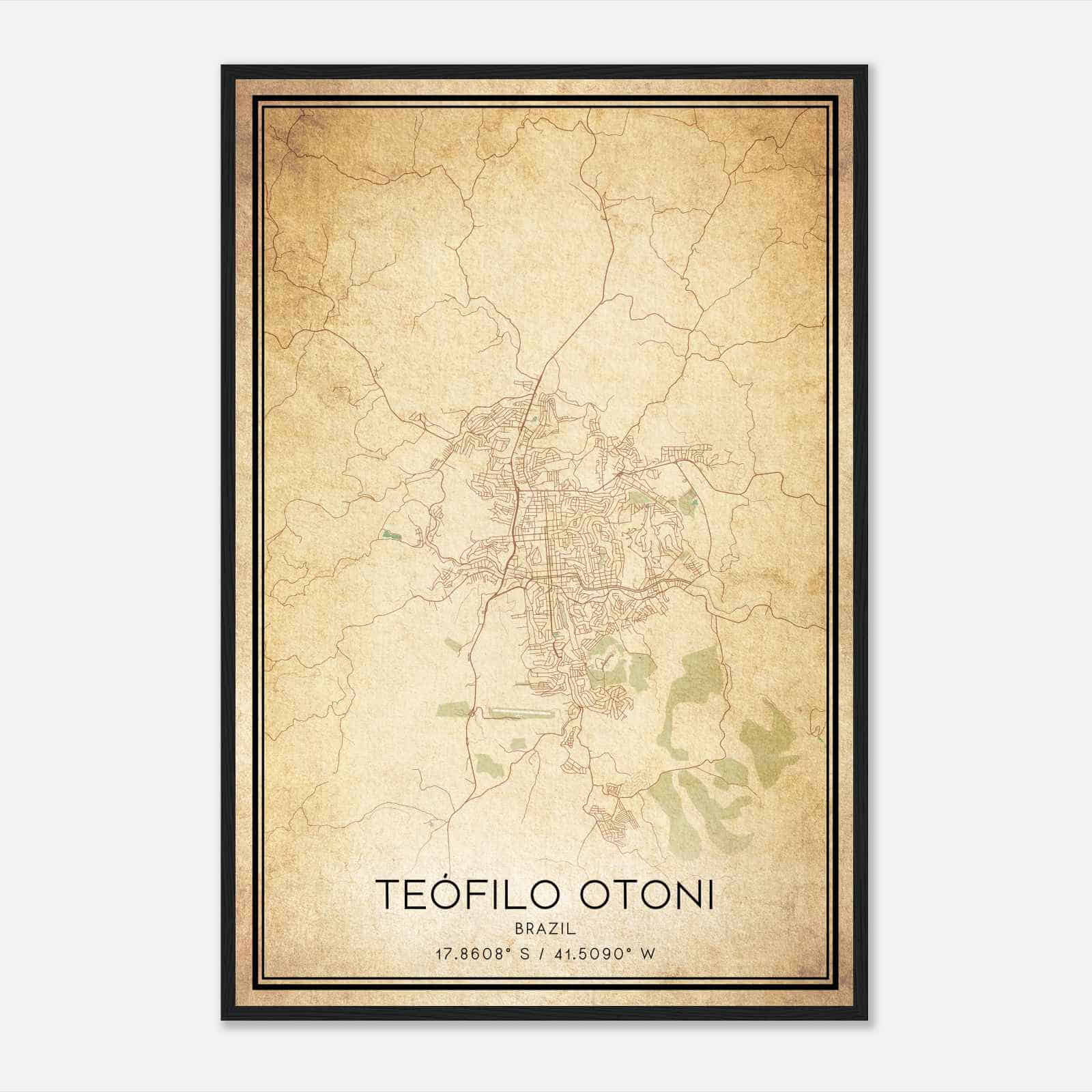 Vintage Teofilo Otoni Brazil Map Poster, Teofilo Otoni City Road Wall Art Print