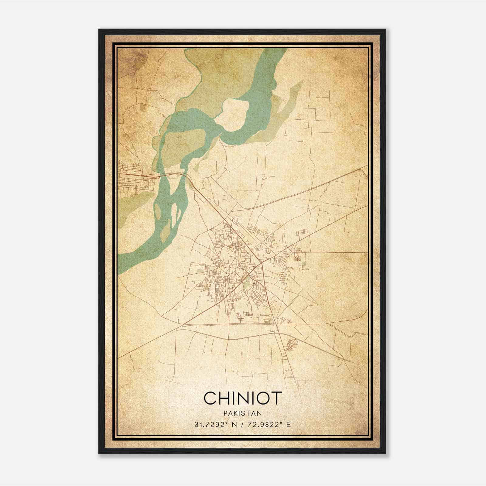 Vintage Chiniot Pakistan Map Poster, Chiniot City Road Wall Art Print