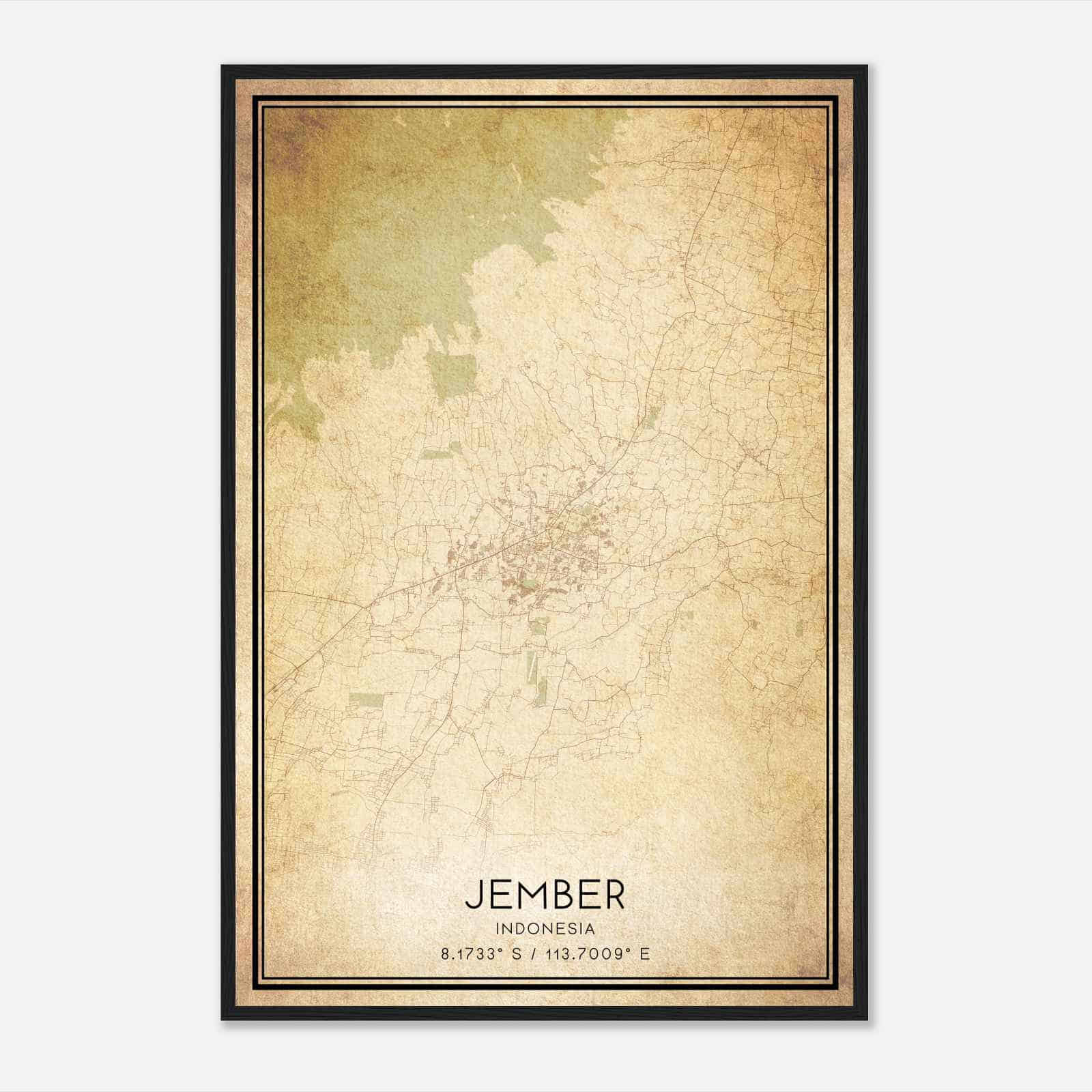 Vintage Jember Indonesia Map Poster, Jember City Road Wall Art Print
