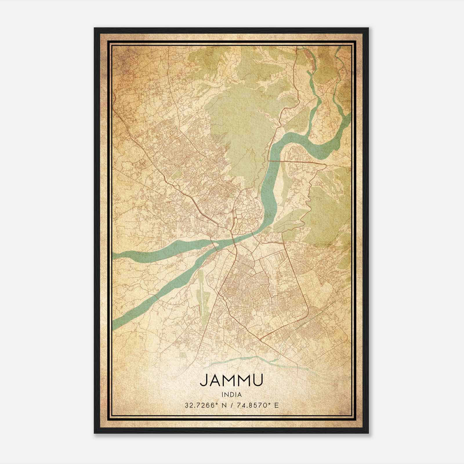 Vintage Jammu India Map Poster, Jammu City Road Wall Art Print
