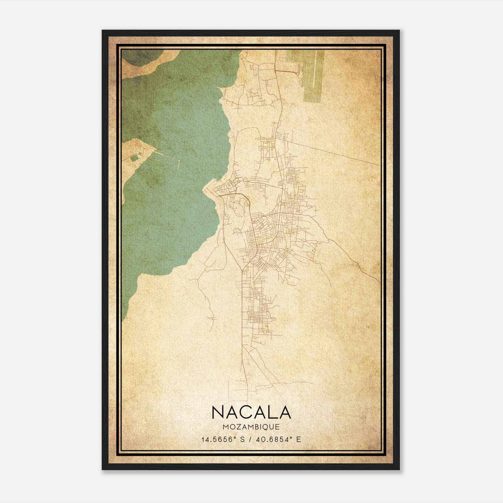 Vintage Nacala Mozambique Map Poster, Nacala City Road Wall Art Print