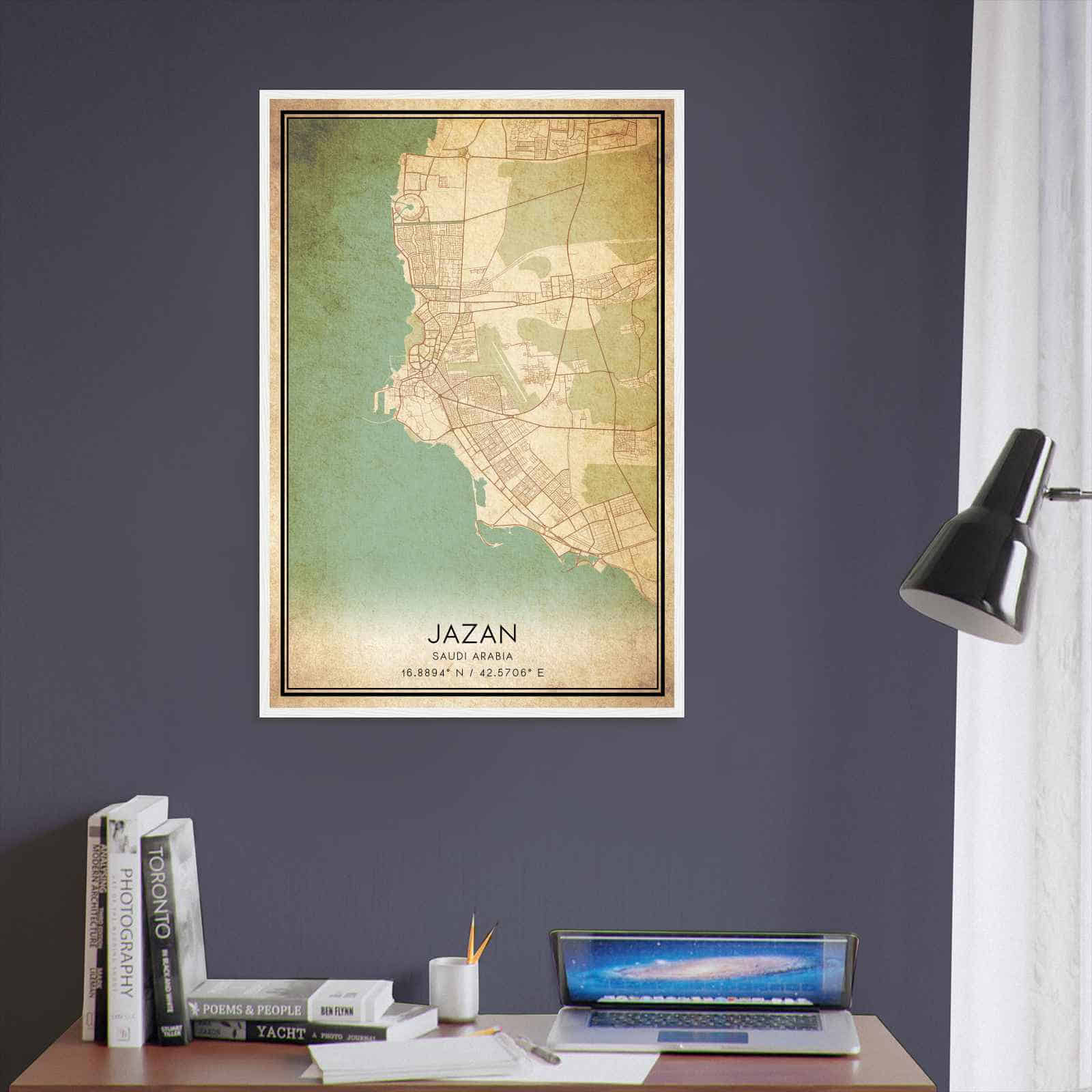 Vintage Jazan Saudi Arabia Map Poster, Jazan City Road Wall Art Print