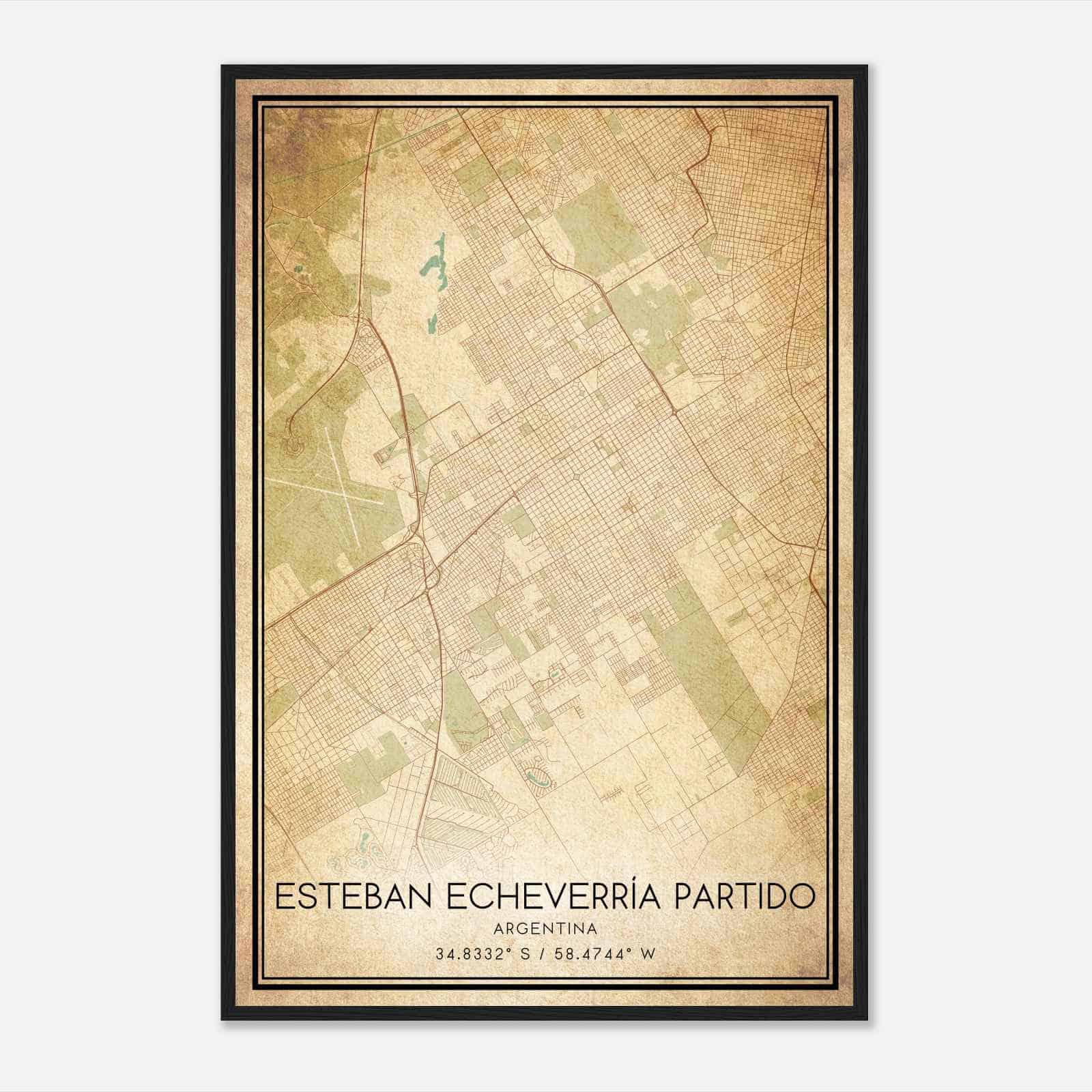 Vintage Esteban Echeverria Partido Argentina Map Poster, Esteban Echeverria Partido City Road Wall Art Print
