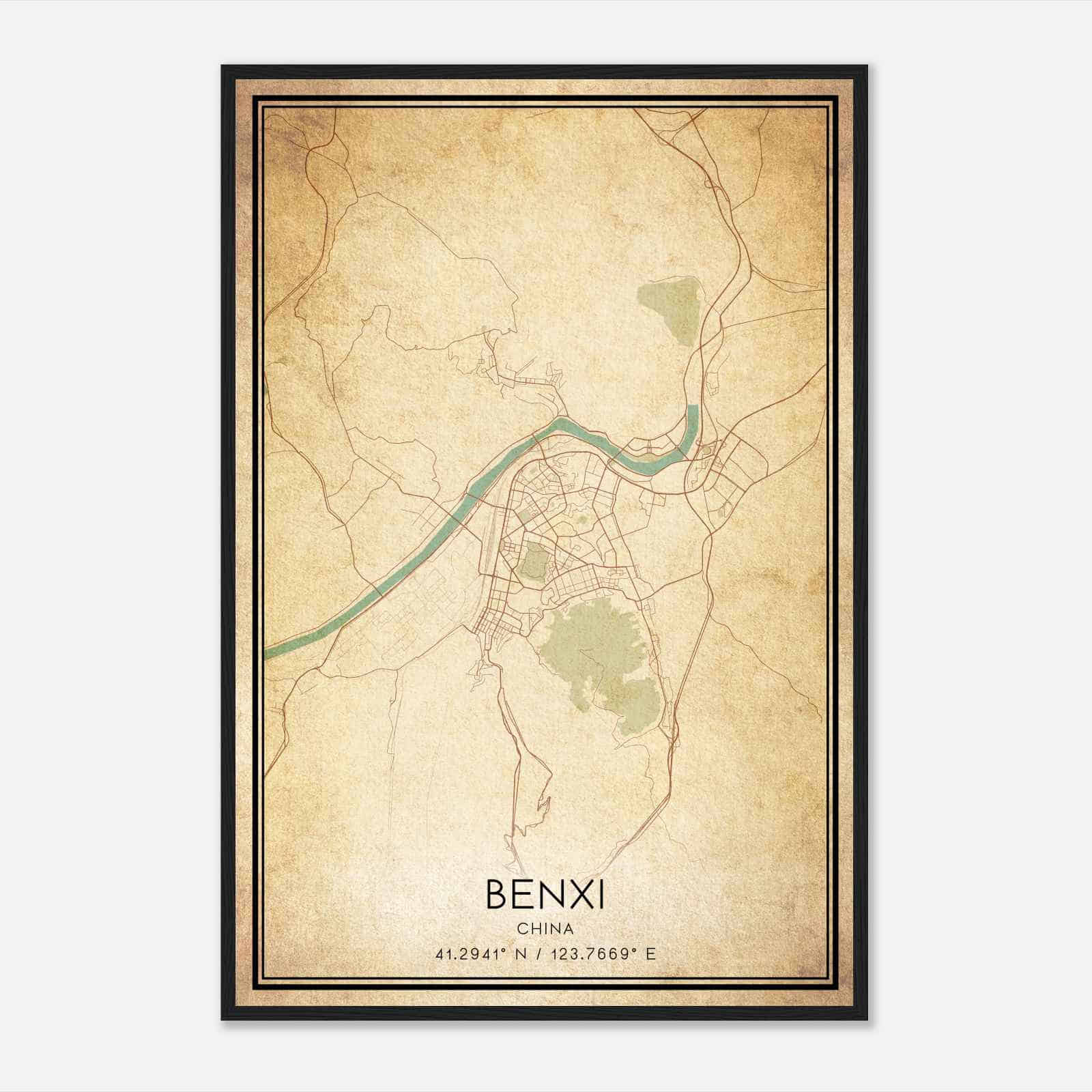 Vintage Benxi China Map Poster, Benxi City Road Wall Art Print