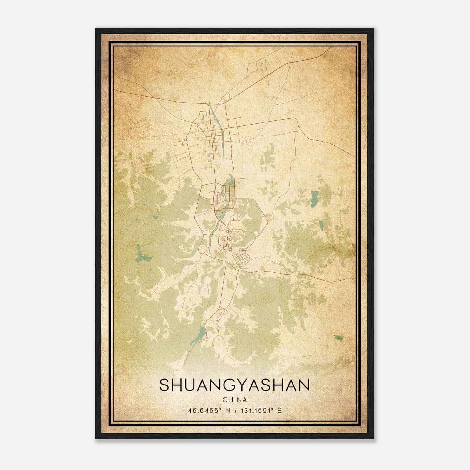 Vintage Shuangyashan China Map Poster, Shuangyashan City Road Wall Art Print