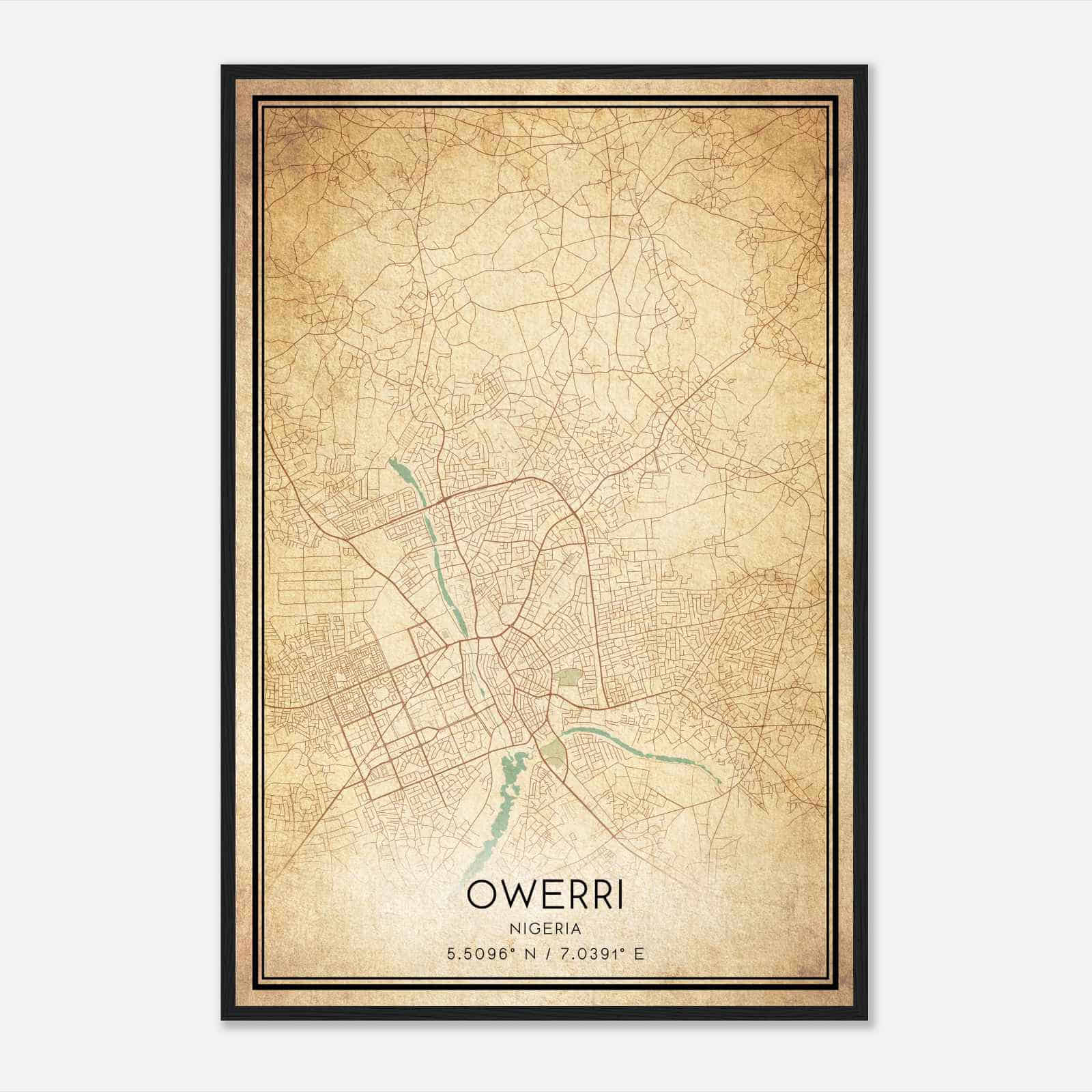 Vintage Owerri Nigeria Map Poster, Owerri City Road Wall Art Print