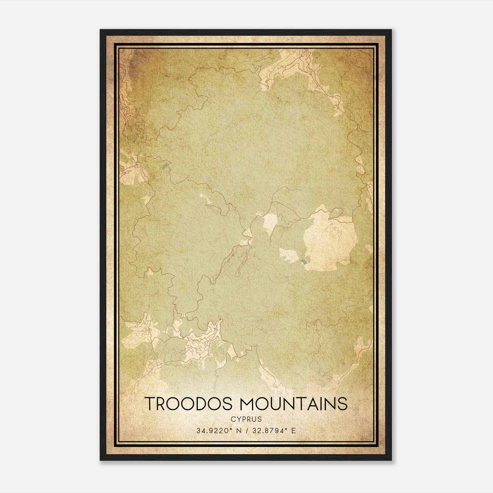 Vintage Troodos Mountains Cyprus Map Poster, Troodos Mountains City Road Wall Art Print