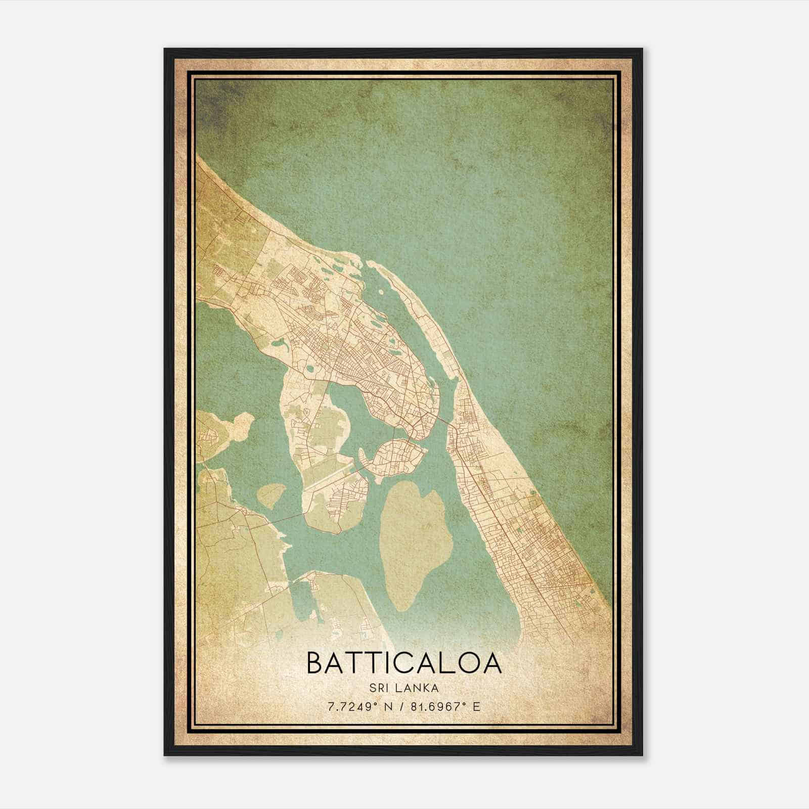 Vintage Batticaloa Sri Lanka Map Poster, Batticaloa City Road Wall Art Print