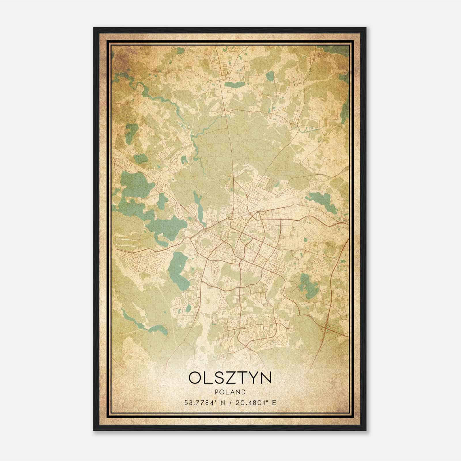 Vintage Olsztyn Poland Map Poster, Olsztyn City Road Wall Art Print