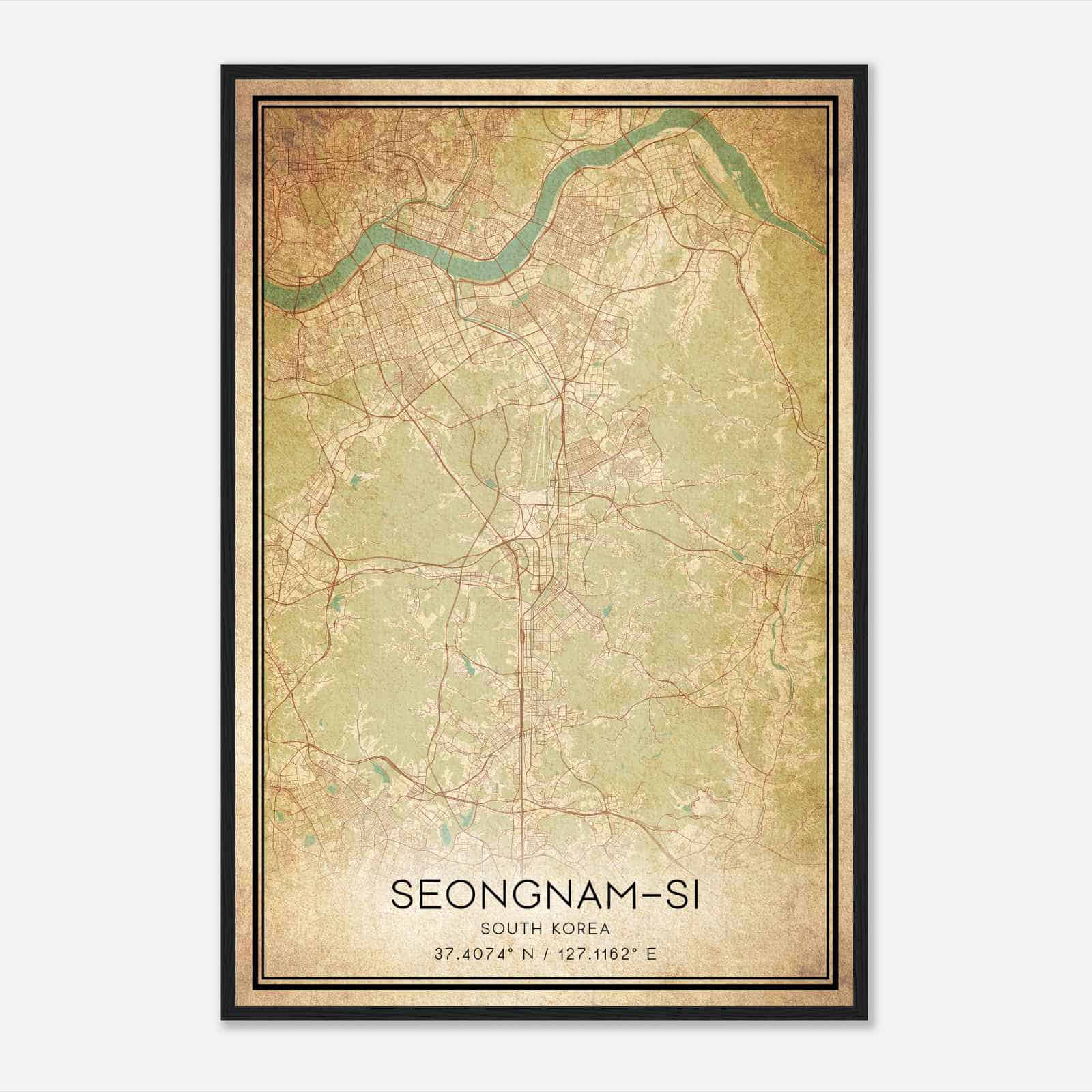 Vintage Seongnamsi South Korea Map Poster, Seongnamsi City Road Wall Art Print