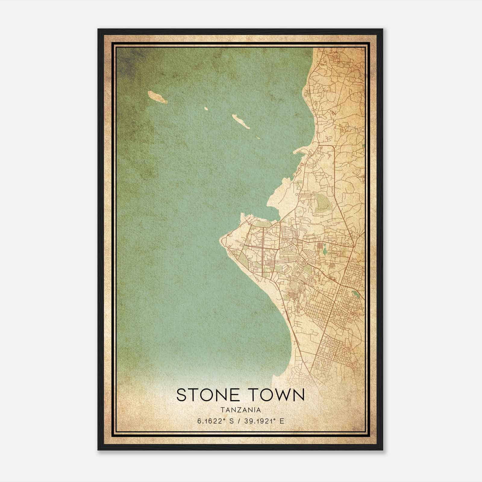 Vintage Stone Town Tanzania Map Poster, Stone Town City Road Wall Art Print