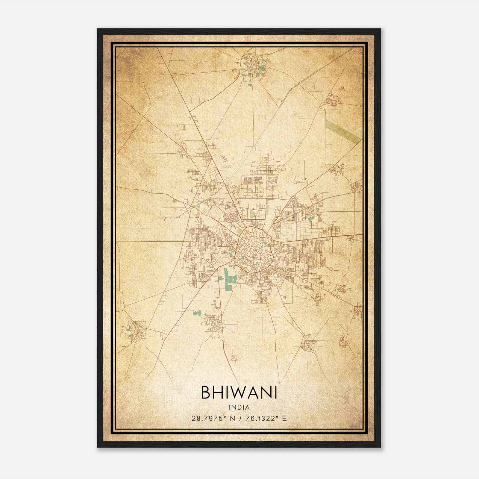 Vintage Bhiwani India Map Poster, Bhiwani City Road Wall Art Print