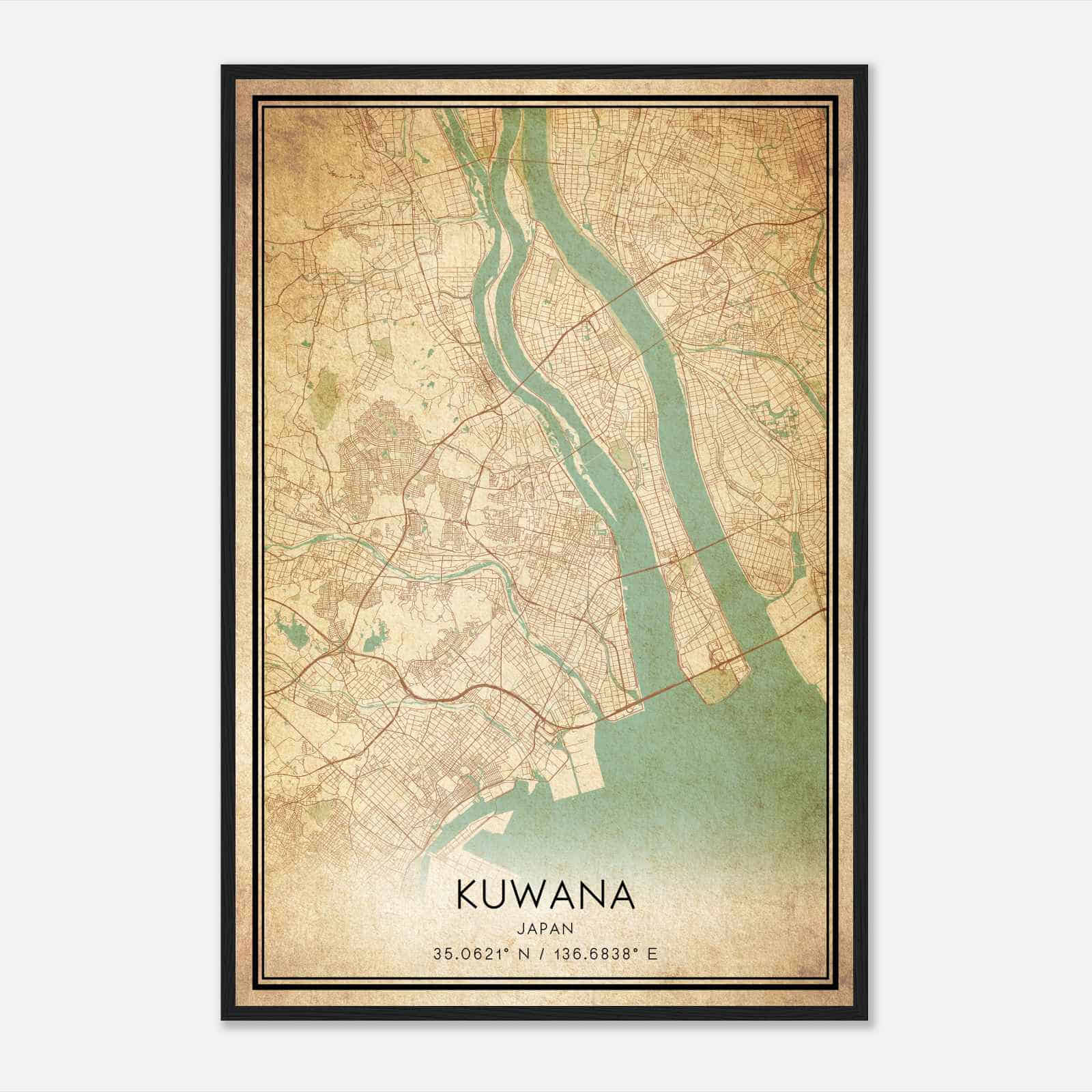 Vintage Kuwana Japan Map Poster, Kuwana City Road Wall Art Print