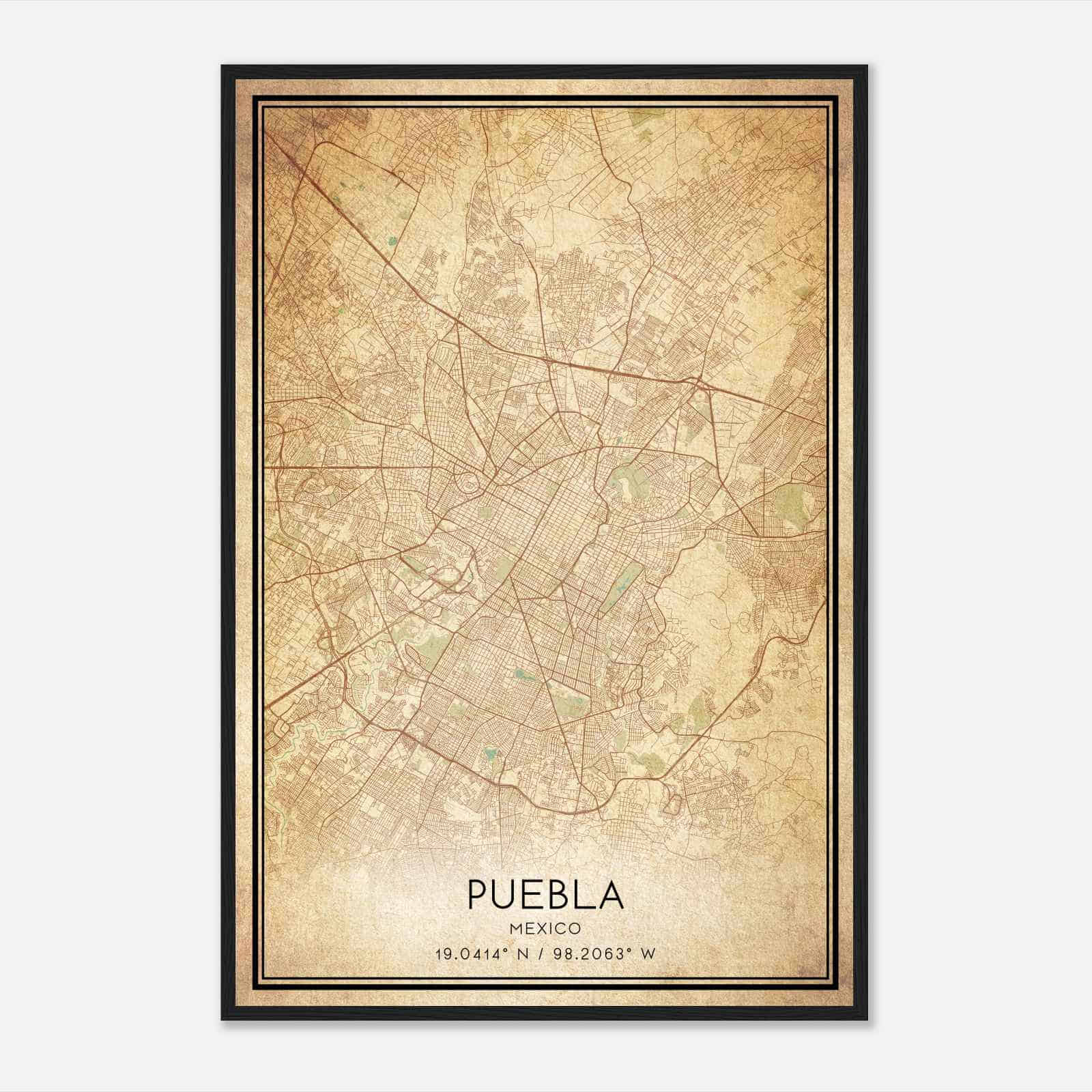 Vintage Puebla Mexico Map Poster, Puebla City Road Wall Art Print