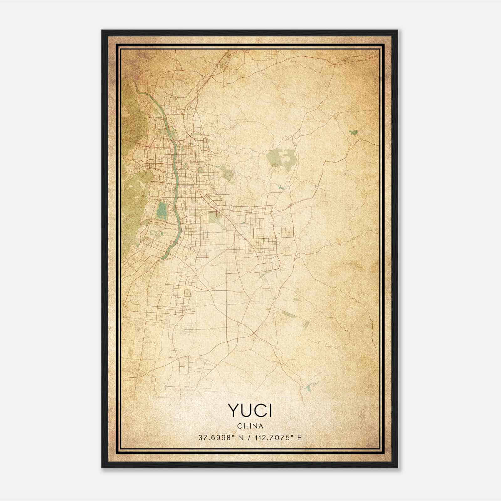 Vintage Yuci China Map Poster, Yuci City Road Wall Art Print