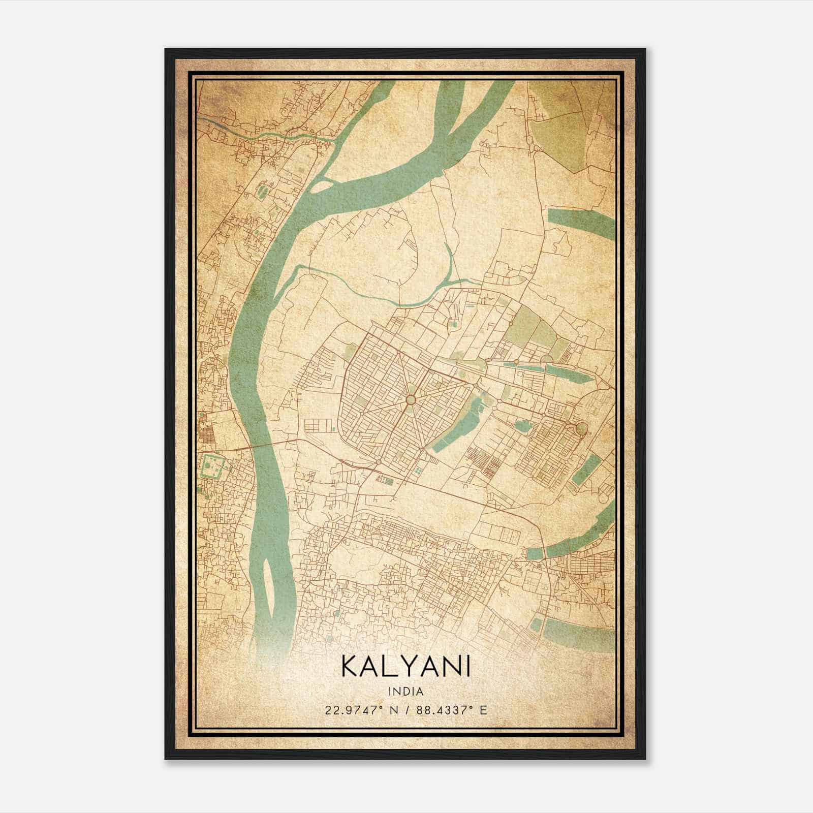 Vintage Kalyani India Map Poster, Kalyani City Road Wall Art Print