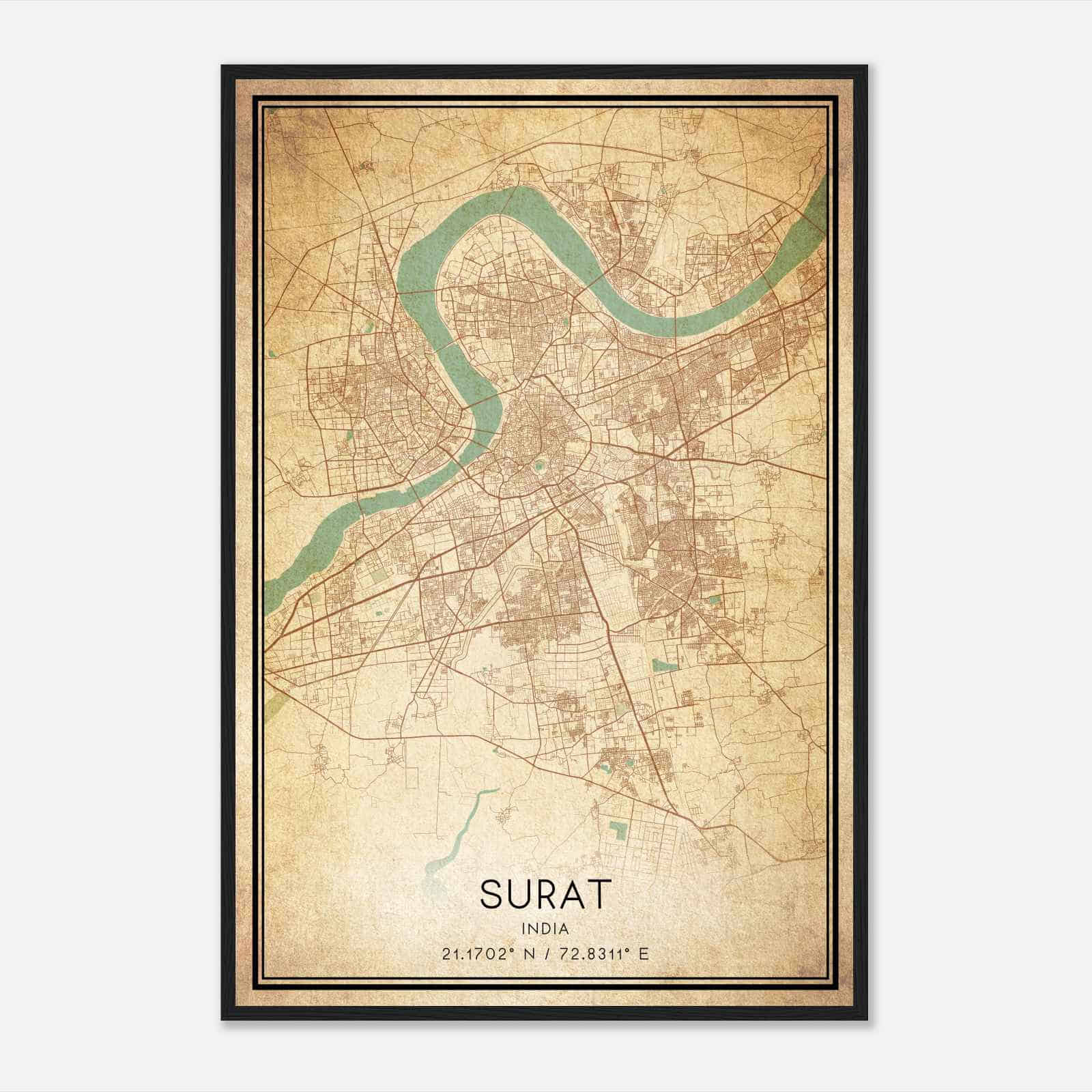 Vintage Surat India Map Poster, Surat City Road Wall Art Print