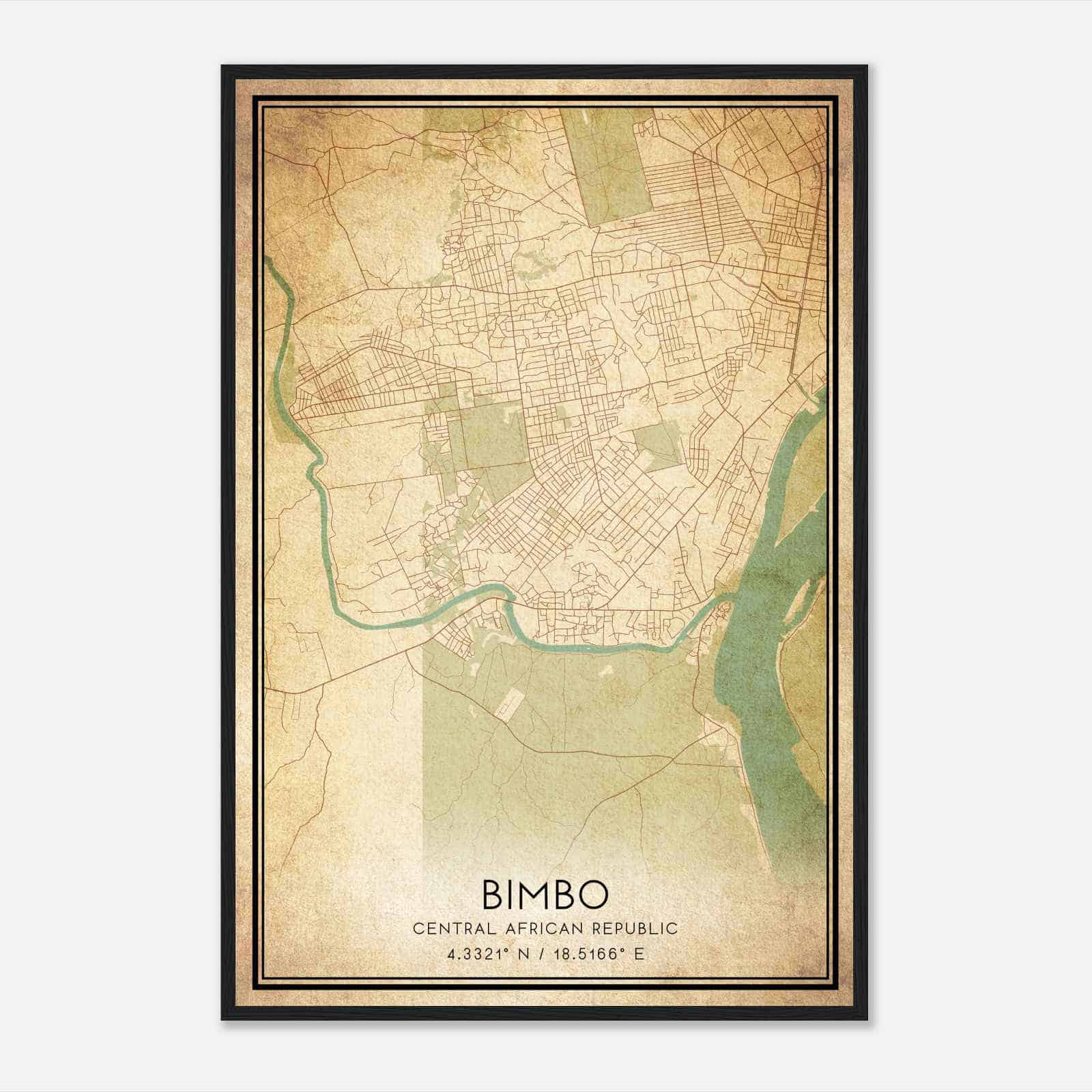 Vintage Bimbo Central African Republic Map Poster, Bimbo City Road Wall Art Print
