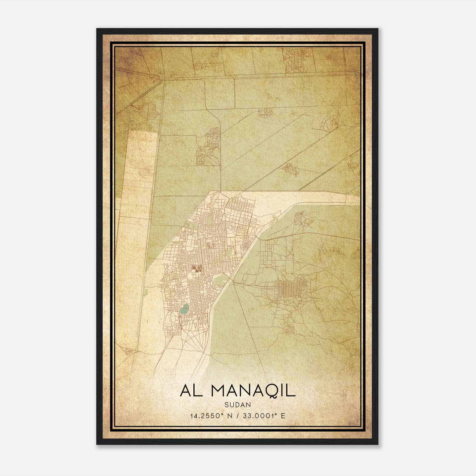Vintage Al Manaqil Sudan Map Poster, Al Manaqil City Road Wall Art Print