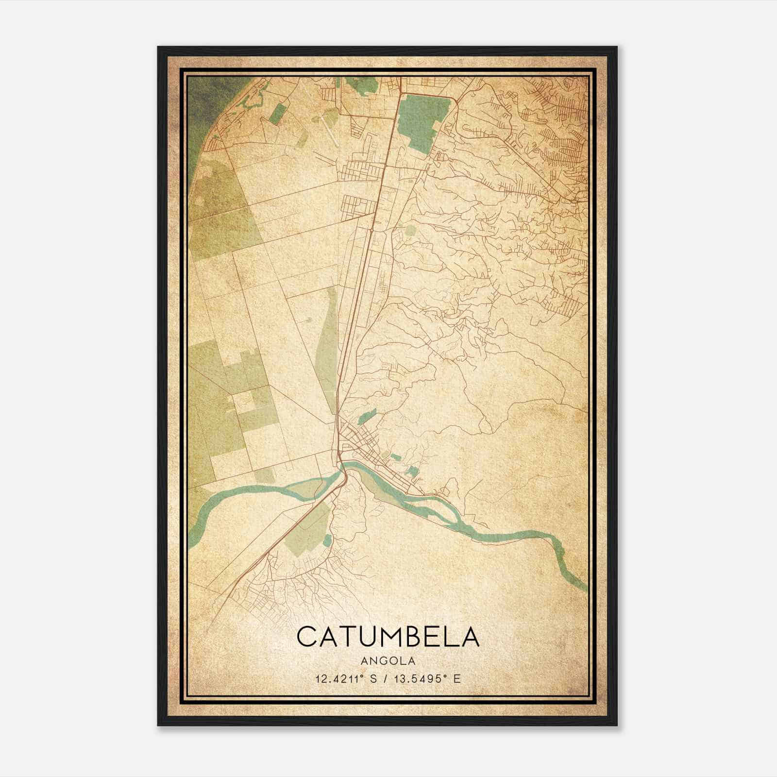 Vintage Catumbela Angola Map Poster, Catumbela City Road Wall Art Print