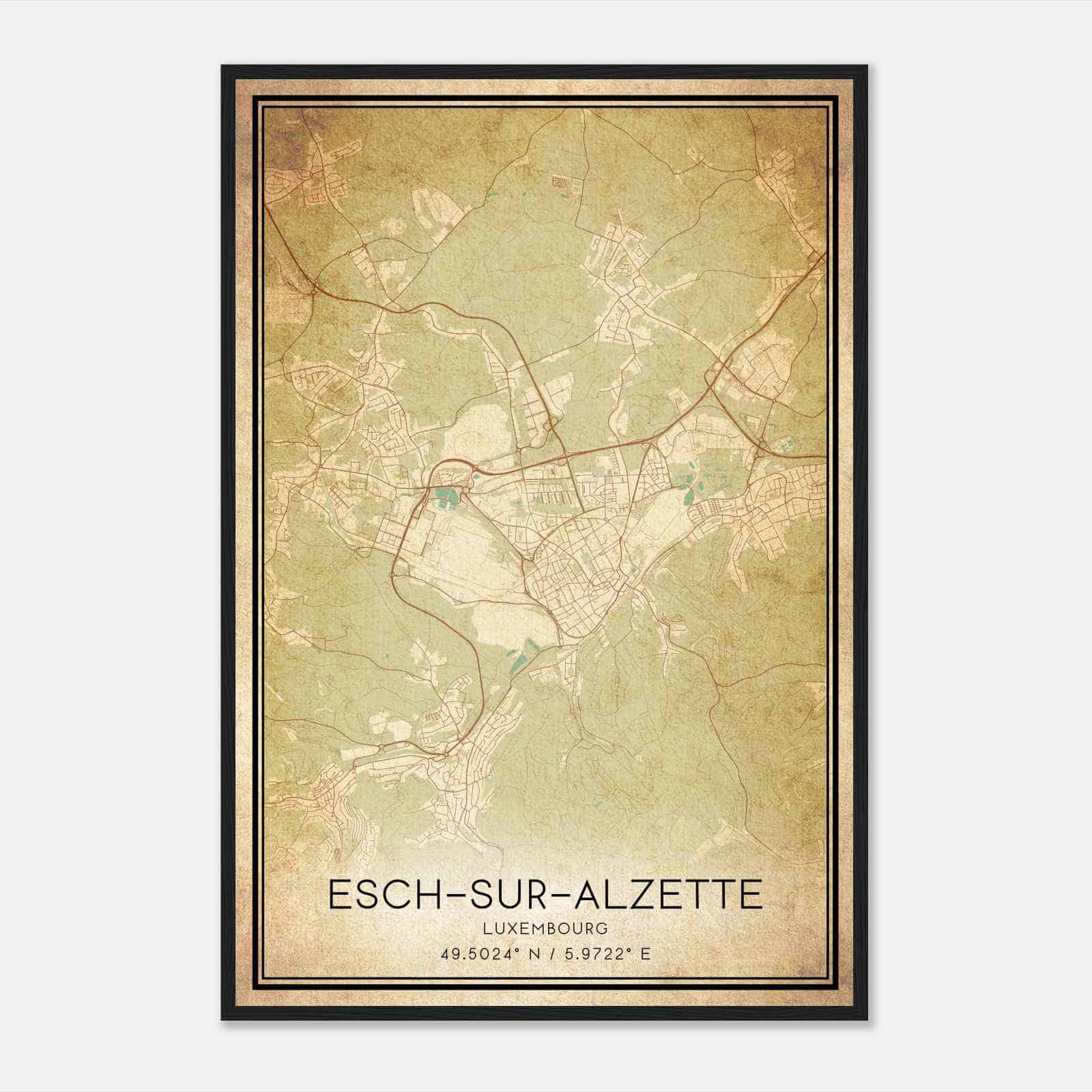 Vintage EschsurAlzette Luxembourg Map Poster, EschsurAlzette City Road Wall Art Print