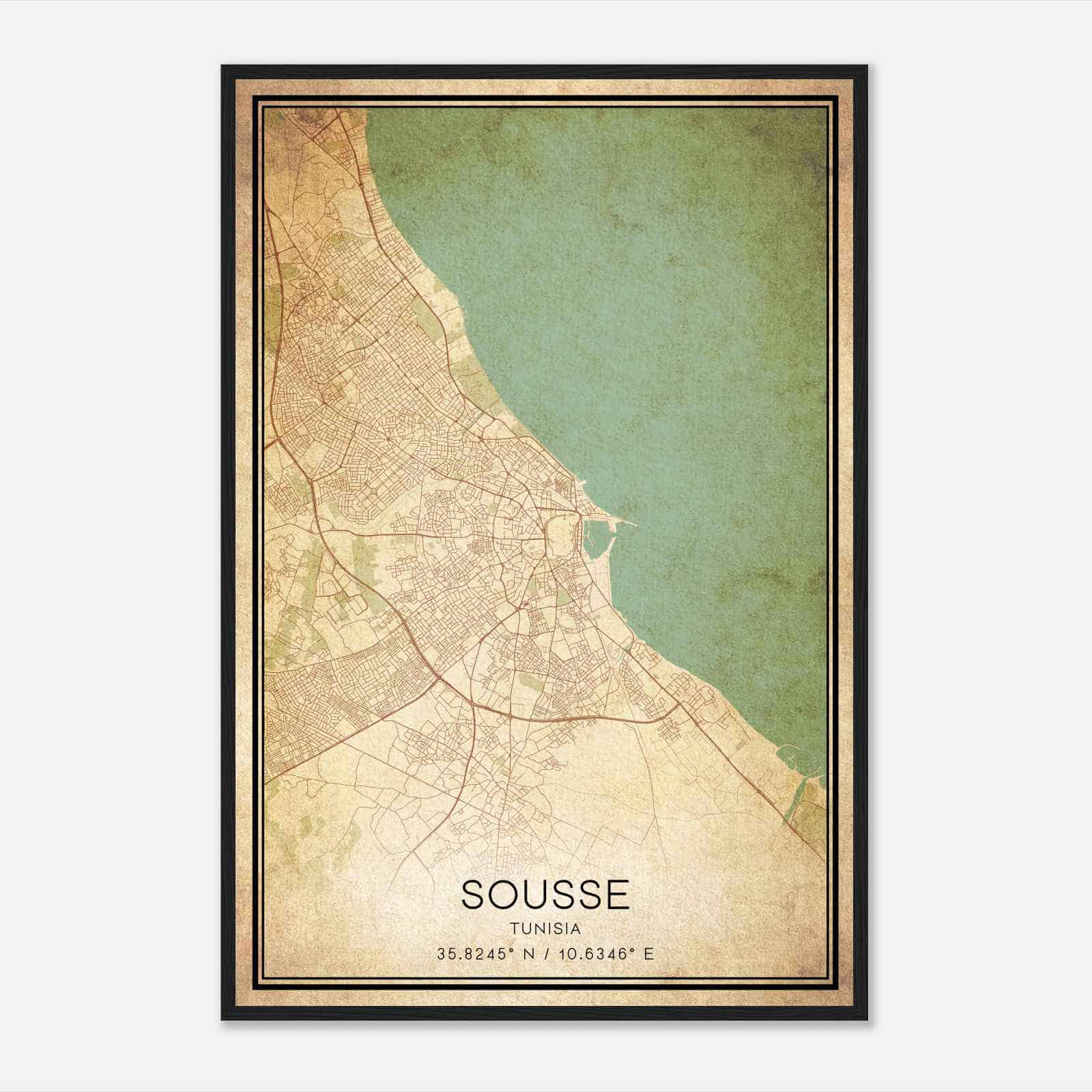 Vintage Sousse Tunisia Map Poster, Sousse City Road Wall Art Print