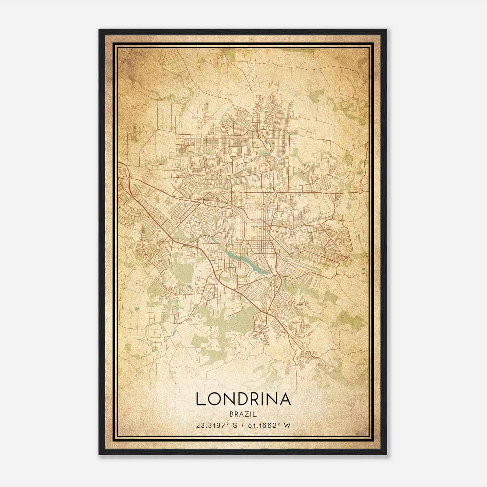 Vintage Londrina Brazil Map Poster, Londrina City Road Wall Art Print
