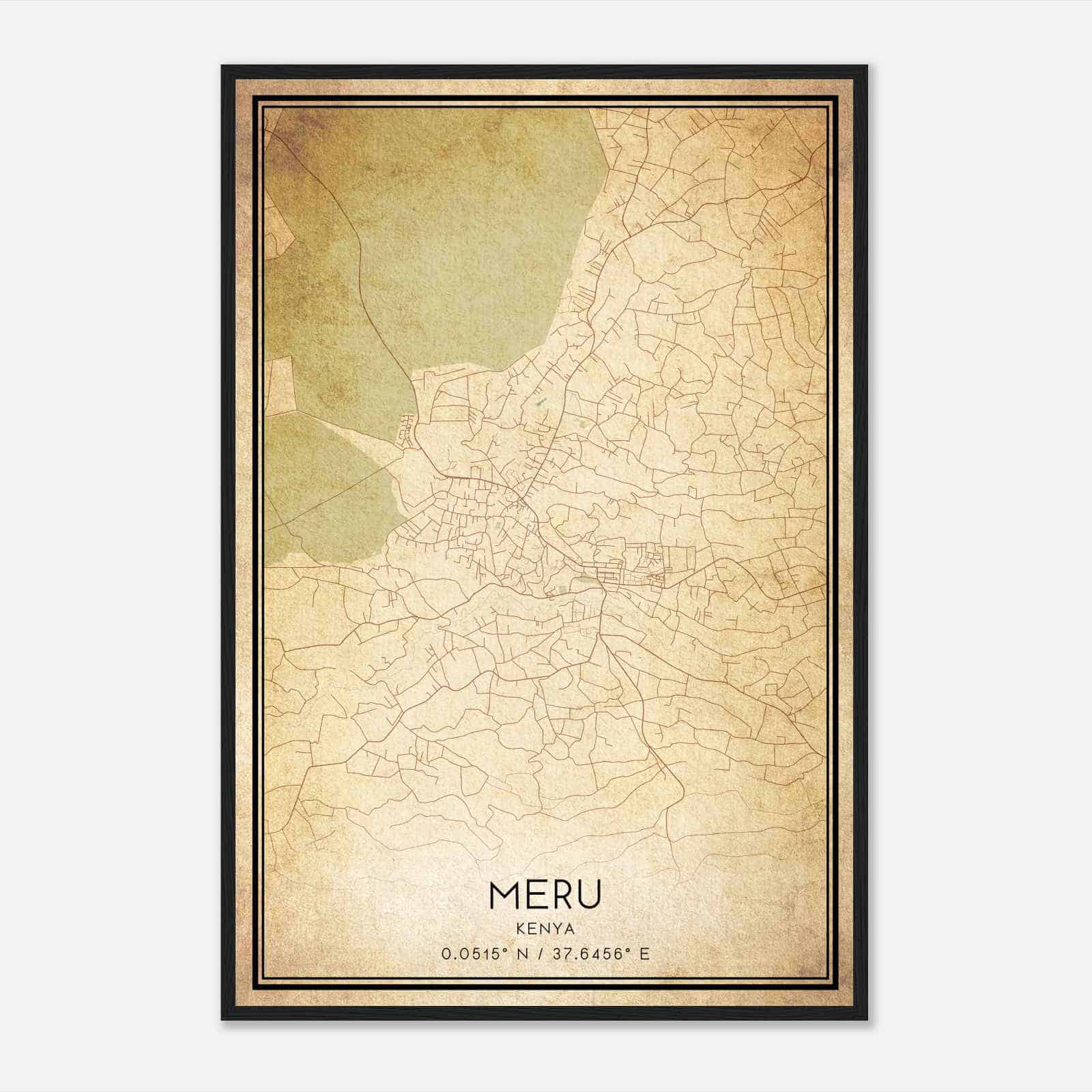 Vintage Meru Kenya Map Poster, Meru City Road Wall Art Print